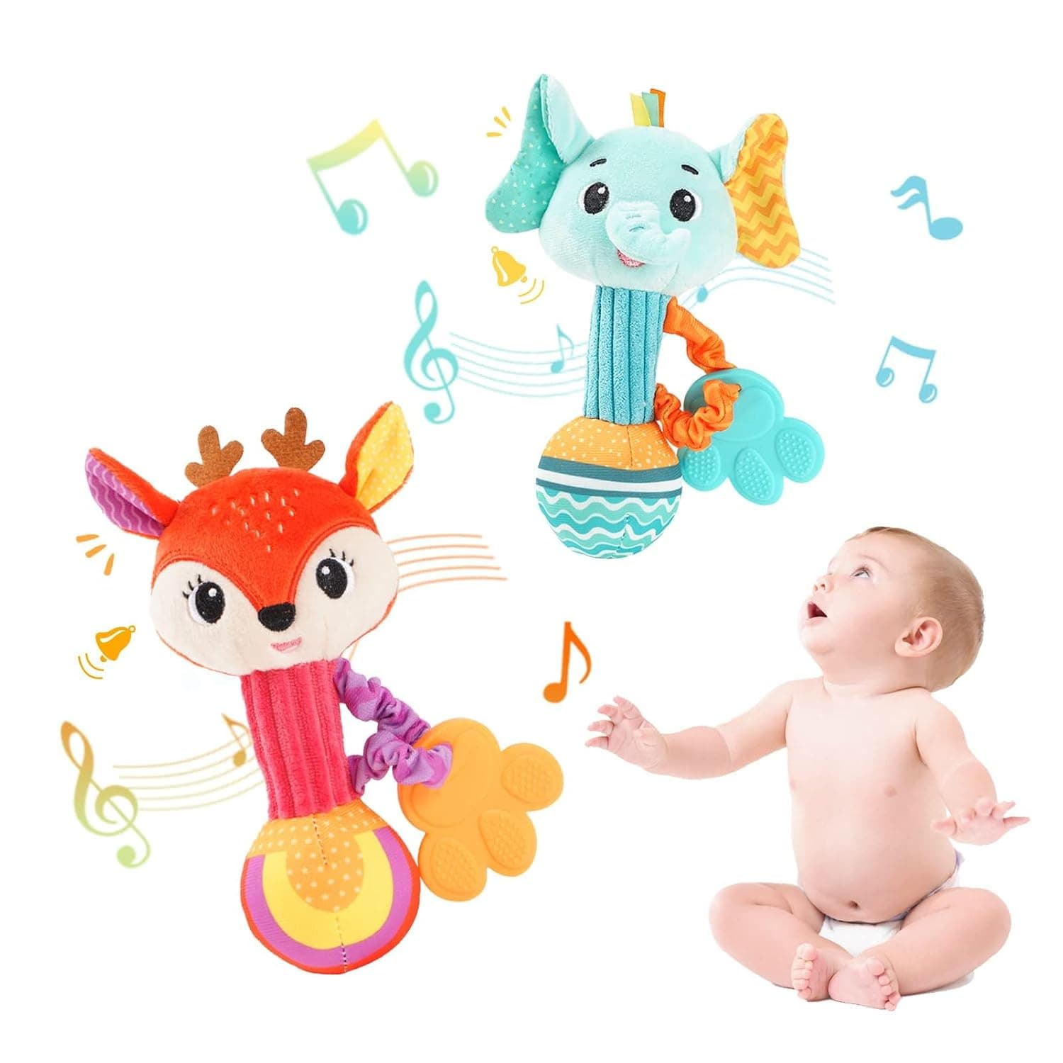 2 Pcs Baby Rattles, Soft Stuffed Rattle for Babies 0-6 Months Rattle Hand Grip Baby Toys Rattle Shaker for Newborn Babies Gift for Boy Girl 0-6 Months