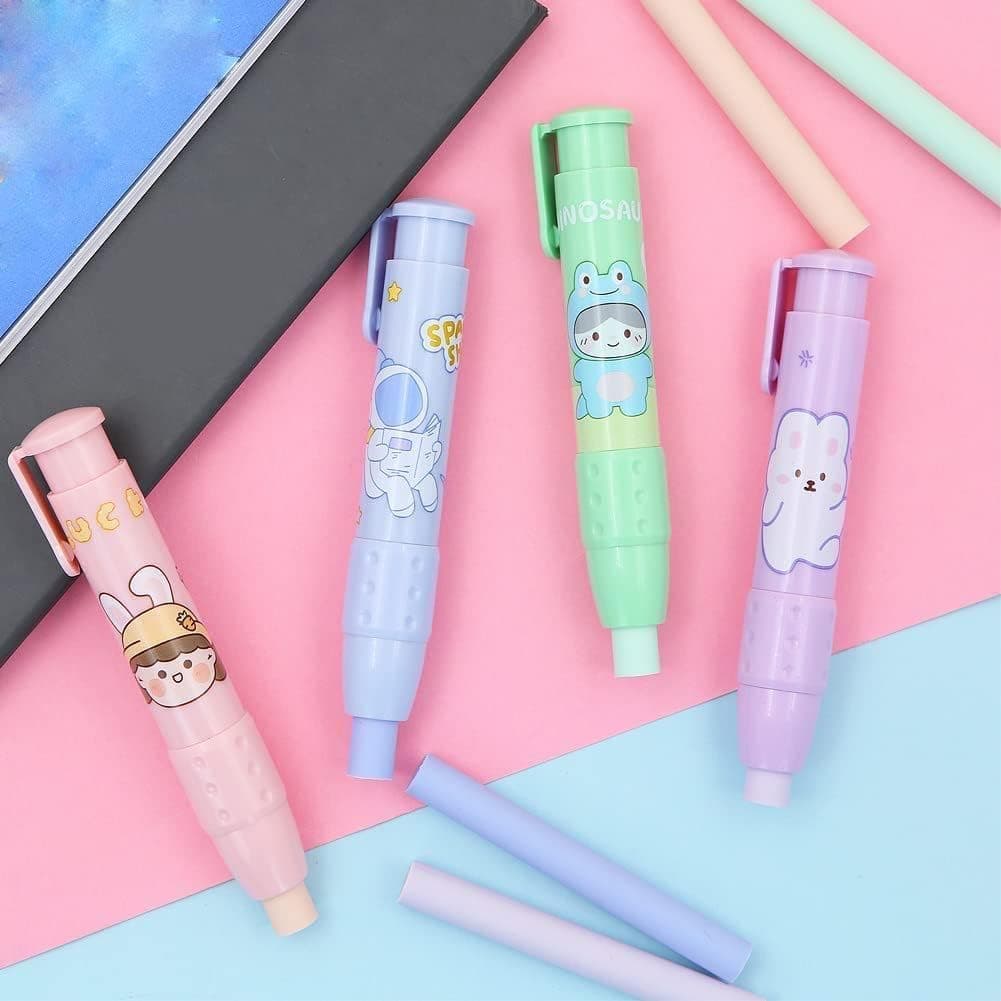 Aputue Retractable Click Eraser, 4 PCS Press Type Mechanical Erasers, Refillable Pen Shaped, Cute Precision Erasing, for Kids Students, School Supplies