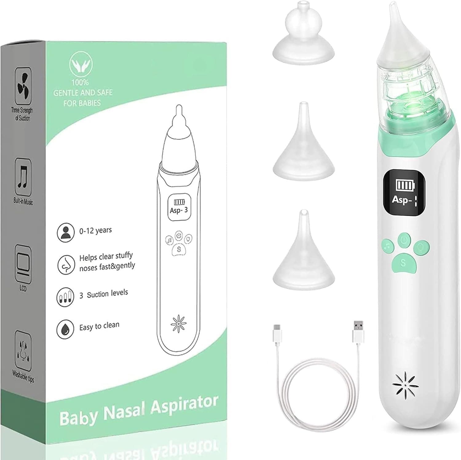 Electric Baby Nose Cleaner, 3 Silicone Tips and 3 Cleaner Levels, Anti-Backflow for Newborns, Toddlers with Music and Light