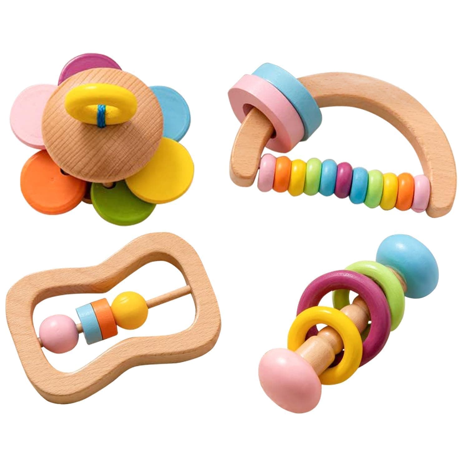 Joyzzz Wooden Baby Rattle Toys Set, 4 Pcs Natural Wood Rattles, Sensory Developmental Infant Toys, Colorful Handmade Textured Surfaces for 3 6 9 Months, Safe Non Toxic First Gift
