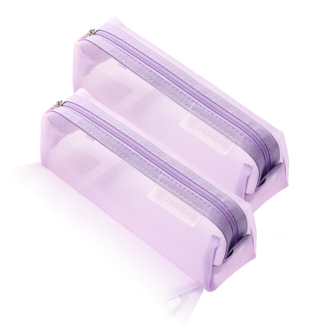 Heatunk Clear Mesh Pencil Cases - Set of 2: Perfect for Students, Professionals, and Cosmetics - Versatile Stationery and Storage Bags (Purple)