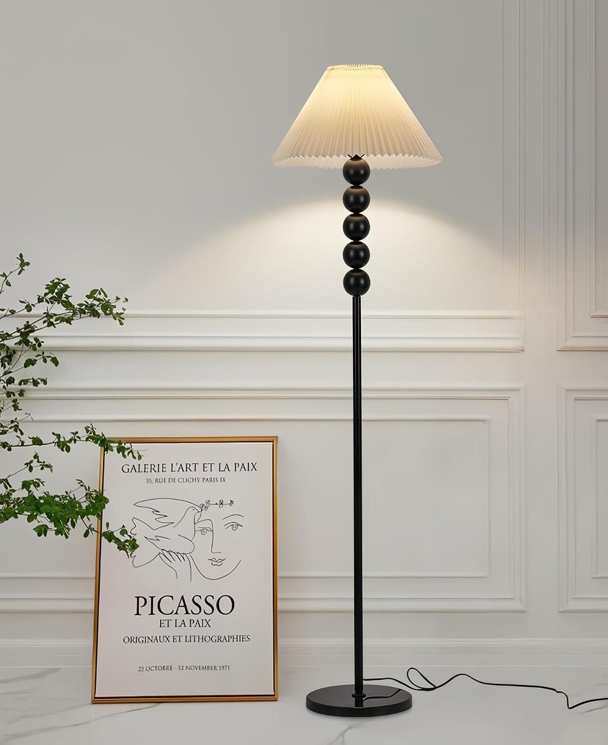 Floor Lamp with Pleated Fabric Shade, Black Iron Base and E27 3-Color Temperature for Living Room, Bedroom, Dining Room, Study
