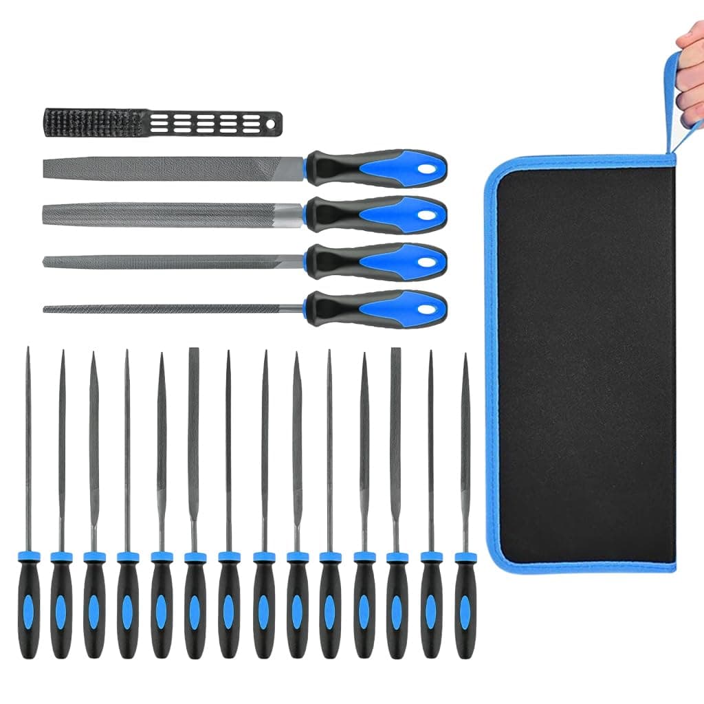 ELEPHANTBOAT 18Pcs Metal File Set, Includes 4PCS Flat/Triangle/Half-Round/Round Large File & 12PCS Needle File & Brush & Portable Bag, Metal Needle File Set Woodwork Rasp Tools for Woodworking
