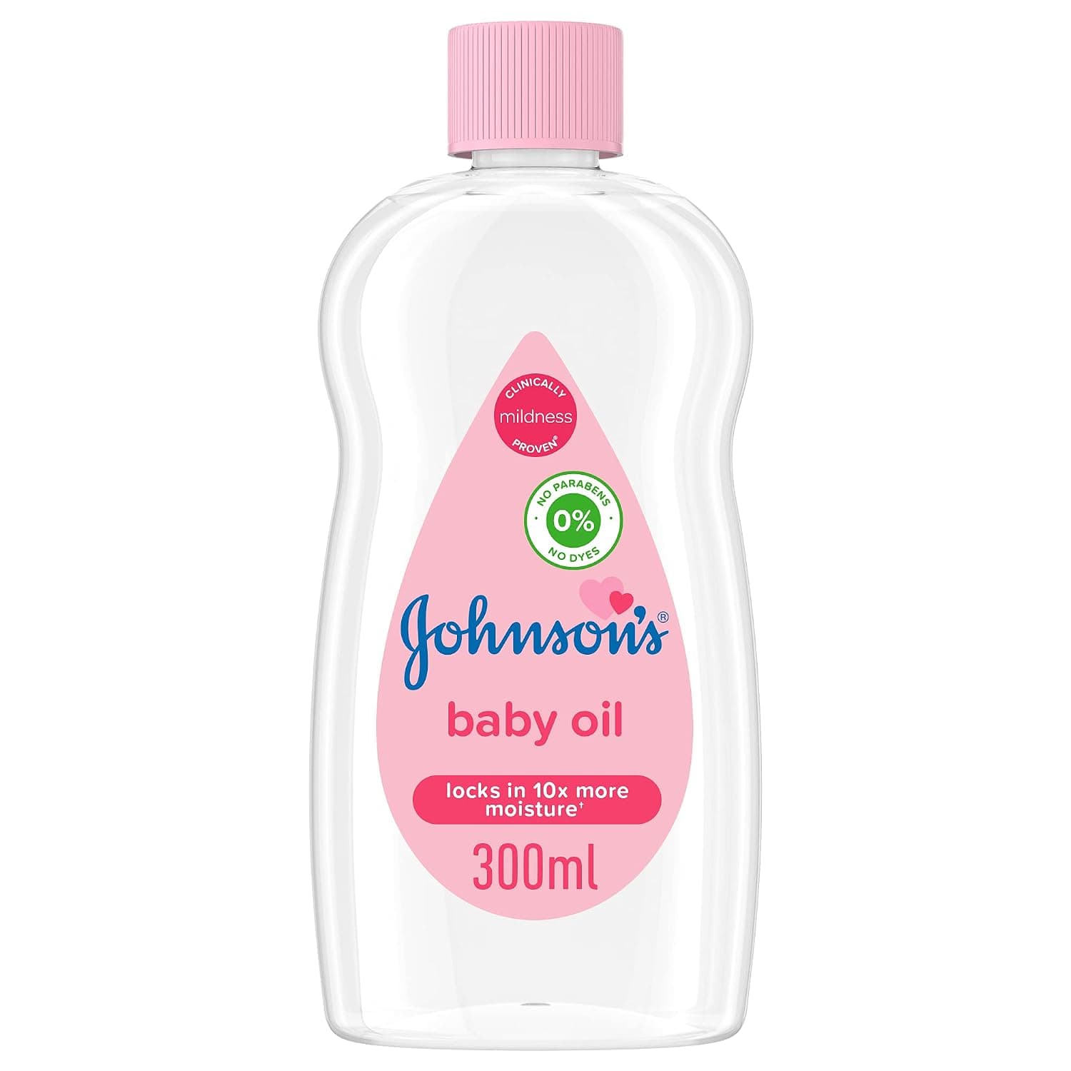Johnson's Baby Oil, Locks in 10x More Moisture, Clinically Proven Mildness, Protects Delicate Skin from Dryness, Dye and Paraben Free, Hypoallergenic, Dermatologically Tested, 300ml