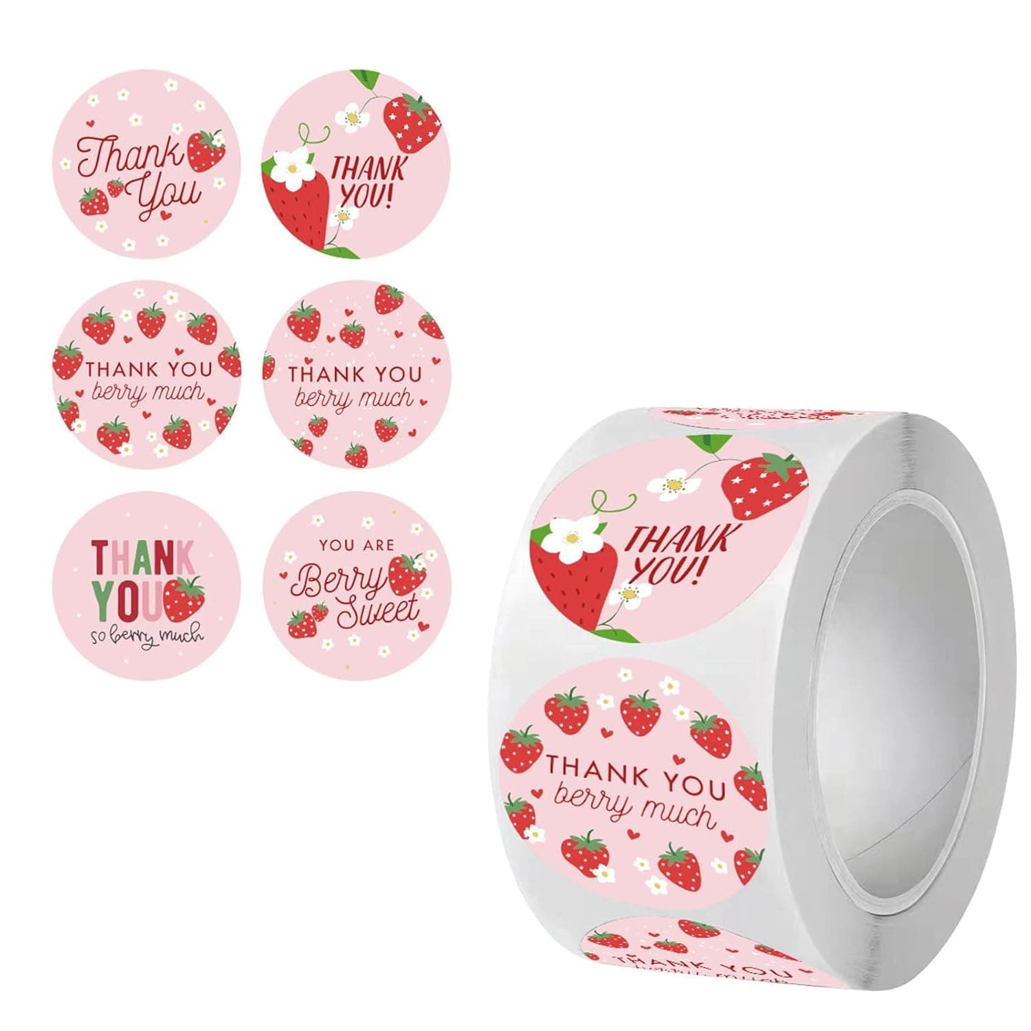 Thank You Red Strawberry Stickers Roll, 500 Pcs 1 Inch Round Labels with 6 Unique Designs for Party Favors, Gift Wrapping, Small Business Packaging, Celebrations, Envelopes and DIY Crafts