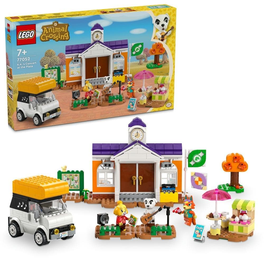 LEGO Animal Crossing K.K.'s Concert at the Plaza Building Toy for 7 Plus Year Old Girls and boys, with Café Playset, Figures and Vehicle from the Video Games, Pretend Play Gift for Kids 77052