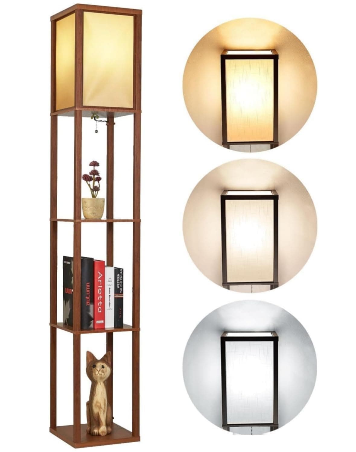 ابجورات غرف معيشه, Floor Lamp with Shelves, Modern Standing Shelf Lamp, Display Floor lamp with 3 Color Temperature Bulb, Corner Display Lamp for Bedroom, Living Room (Walnut Brown)