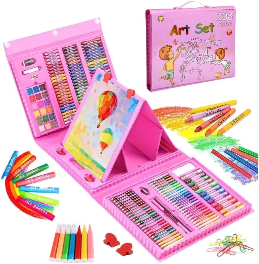 SKY-TOUCH 208-Pieces Drawing Art Kit, Art Supplies Gifts for Girls Boys Teens, Art Set Crafts Case with Double Sided Trifold Easel, Watercolor Pens, Oil Pastels, Crayons, Colored Pencils (Pink)