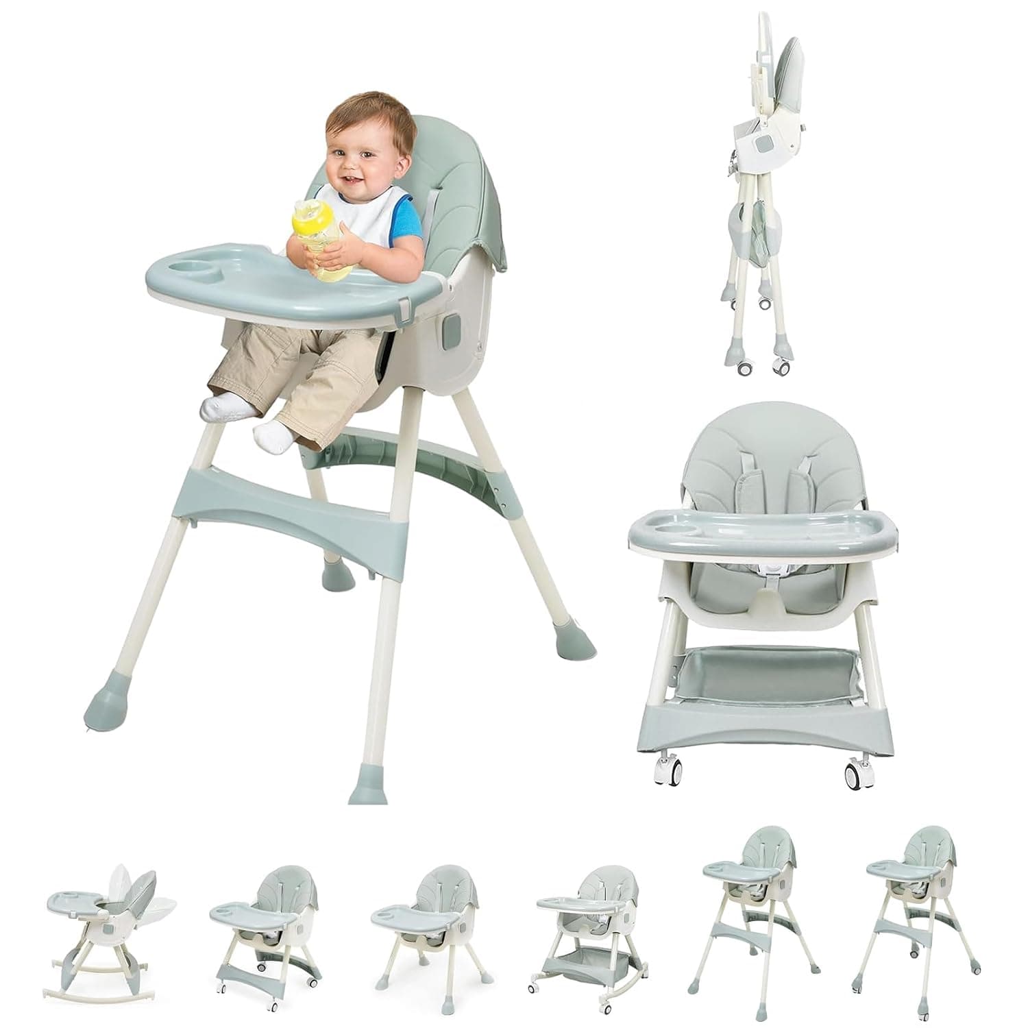 6-in-1 Baby High Chair with Removable Tray and Adjustable Back and Height, Convertible and Foldable, Foldable Baby Dining Chair for 0-6Y Babies and Feeding, High Chair Baby Feeding