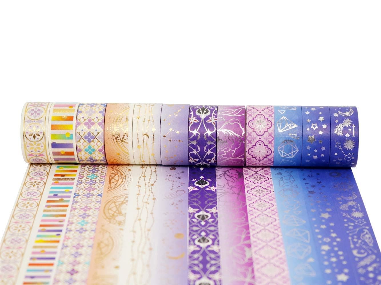 Galaxy Washi Tape Set Purple Stars Decorative Tapes Silver Gold Foil Masking for Arts, DIY Crafts, Journal Supplies, Planners, Scrapbook, Gift Wrapping (Purple Night 12 Rolls)
