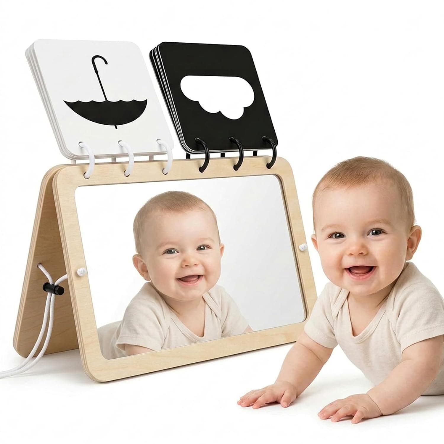 Woodtoe 2-in-1 Tummy Time Mirror, 0-180°Adjustable Angle Montessori Baby Toy, Double-Sided Design with High Contrast Black & White Cards, Shatterproof Baby Mirror for 0-18 Months Newborns Infants
