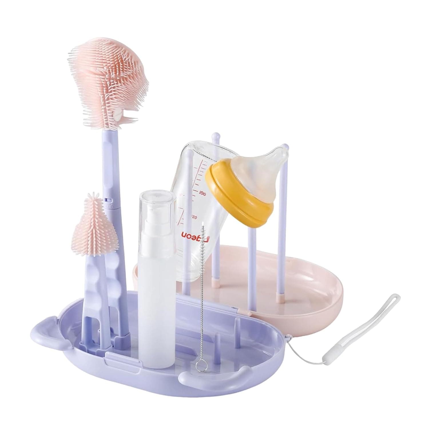 Tazweeq Baby Bottle Brush, Travel Bottle Cleaner Kit with Bottle Brush, Nipple Brush, Straw Cleaning Brush, Bottle Drying Rack and Soap Dispenser, Baby Travel Essential for Newborn&Moms (Purple)