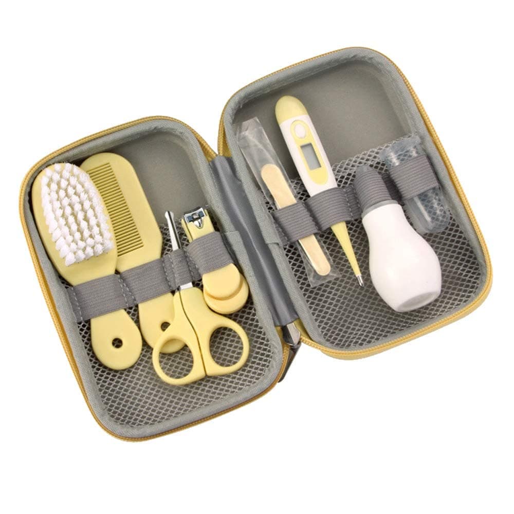 SCIENISH Toddler Infant Convenient Healthcare Daily Care Kit, Nail Clipper Safety Scissors, Hair Brush, Comb (Yellow) | 8-Piece Baby Grooming Kit with brush, comb, nail clipper, scissors and nasal aspirator in a compact EVA storage case.