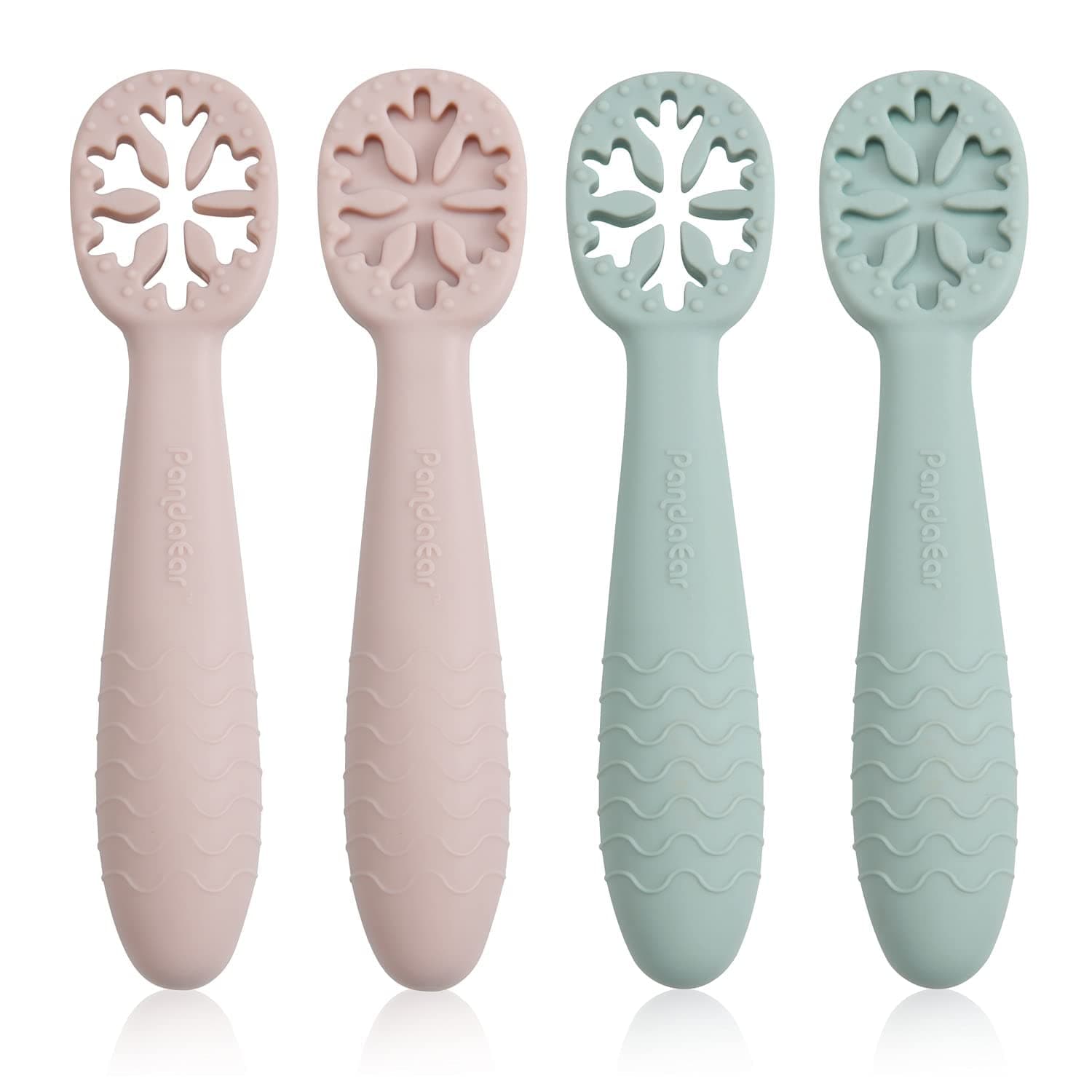 PandaEar Snowflake Design Baby Spoon Set (4 Pack)|BPA Free Stage One Silicone Self Feeding Utensil| Baby Led Weaning| Kids Toddlers 6 Months+ (Pink/Green)