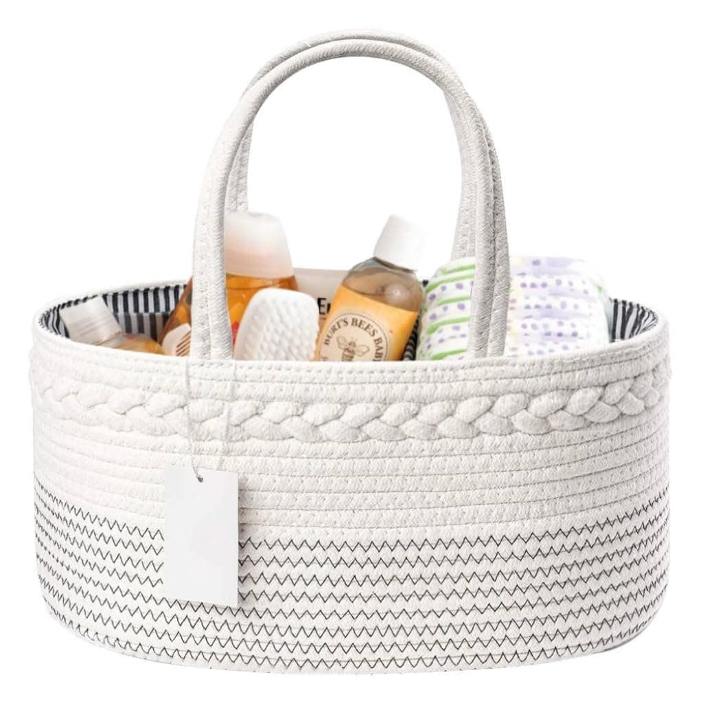 Diaper Caddy Organizer, Large Cotton Rope Nursery Baby Basket, Changing Table Organizer for Baby Diaper Storage, Portable Car Organizer with Removable Divider, Baby Shower Gifts