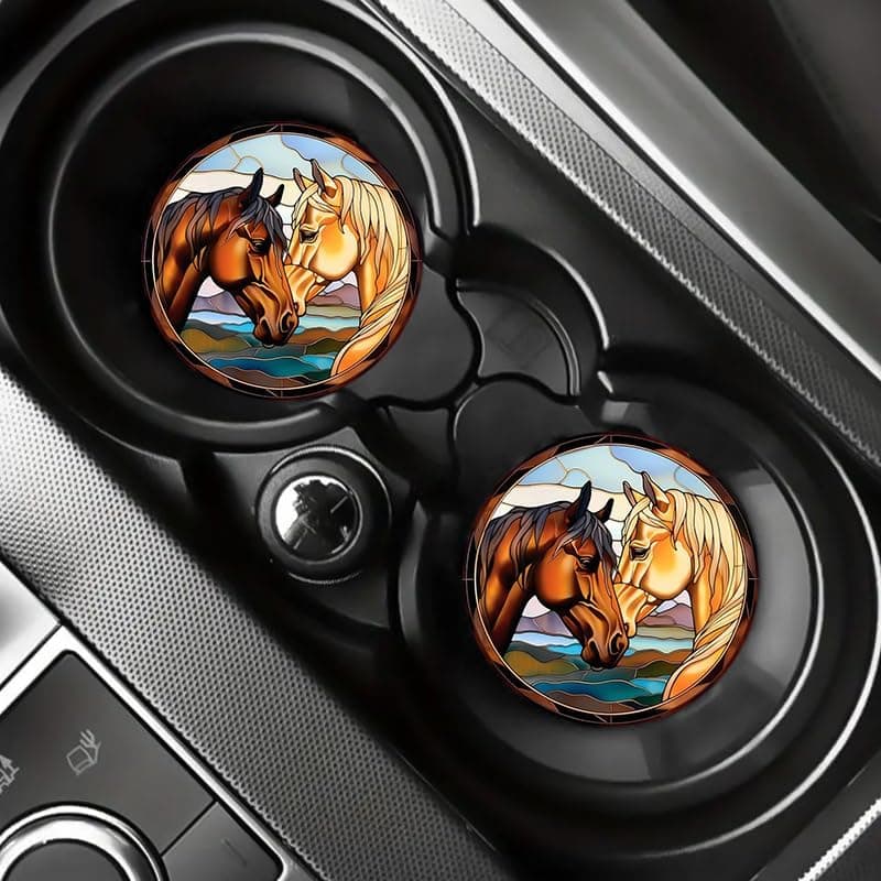 2Pcs 2.75in Horses Car Coasters, Non-Slip Drink Mats