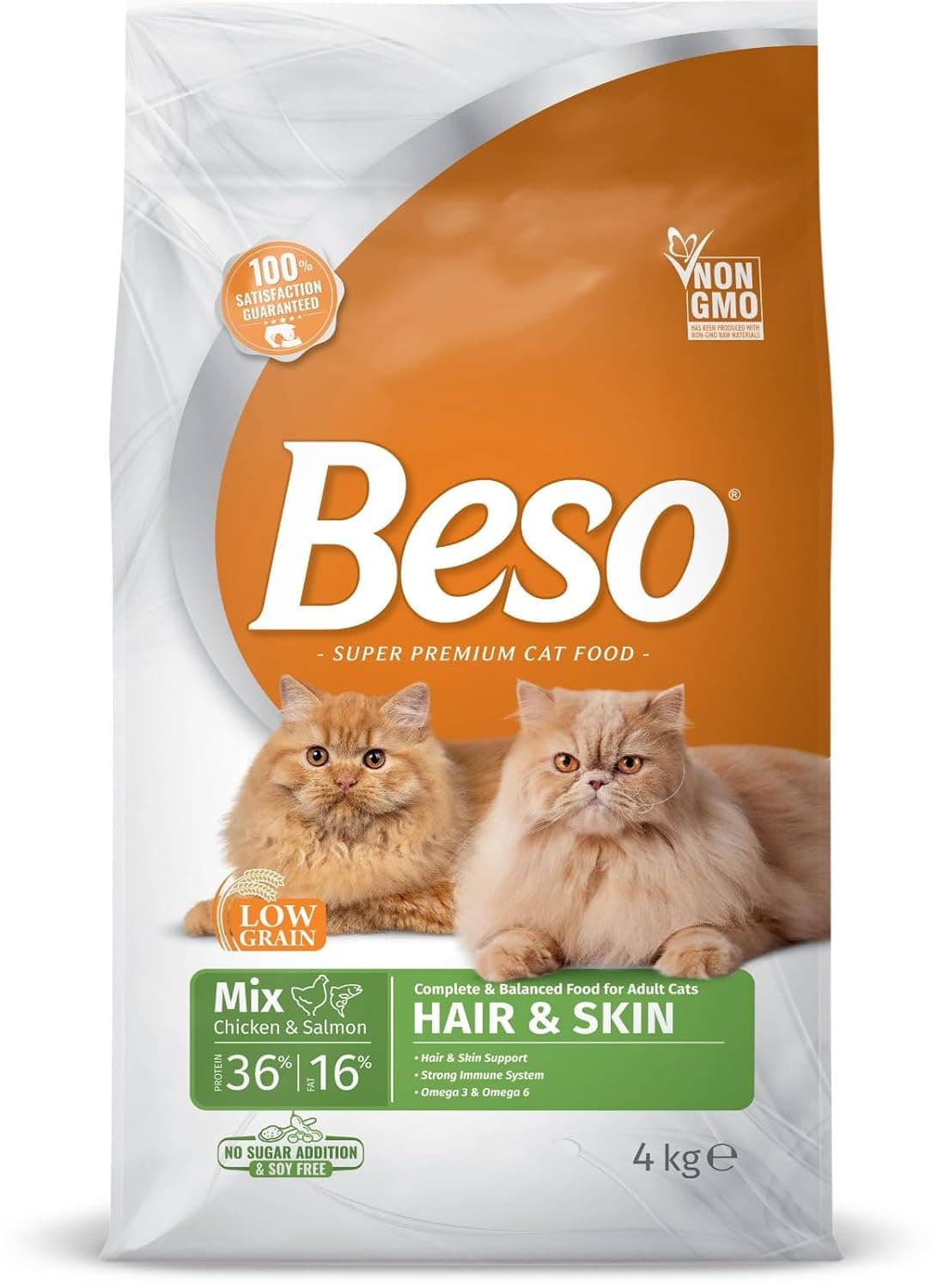 Beso Adult Cat Food, Chicken & Salmon, 4 kg, Dry Kibble, Hair & Skin Care Formula, Omega-3 & Omega-6, Complete Nutrition