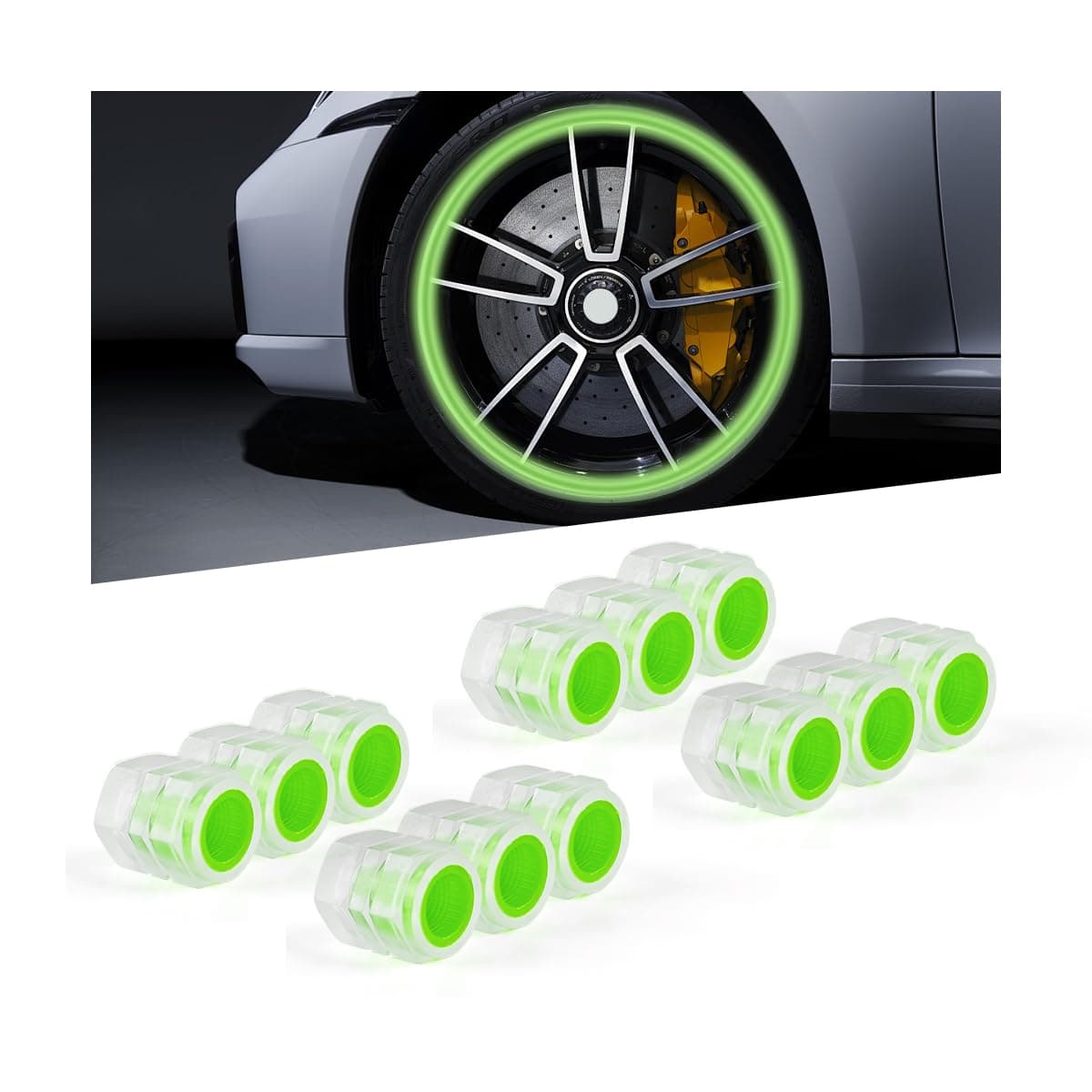 12PCS Car Tire Valve Stem Caps, Luminous Corrosion Resistant Auto Wheel Air Valve Covers, Glow in The Dark Vehicle Exterior Decor Accessories, Universal for SUV Sedan Motorcycle (Green)