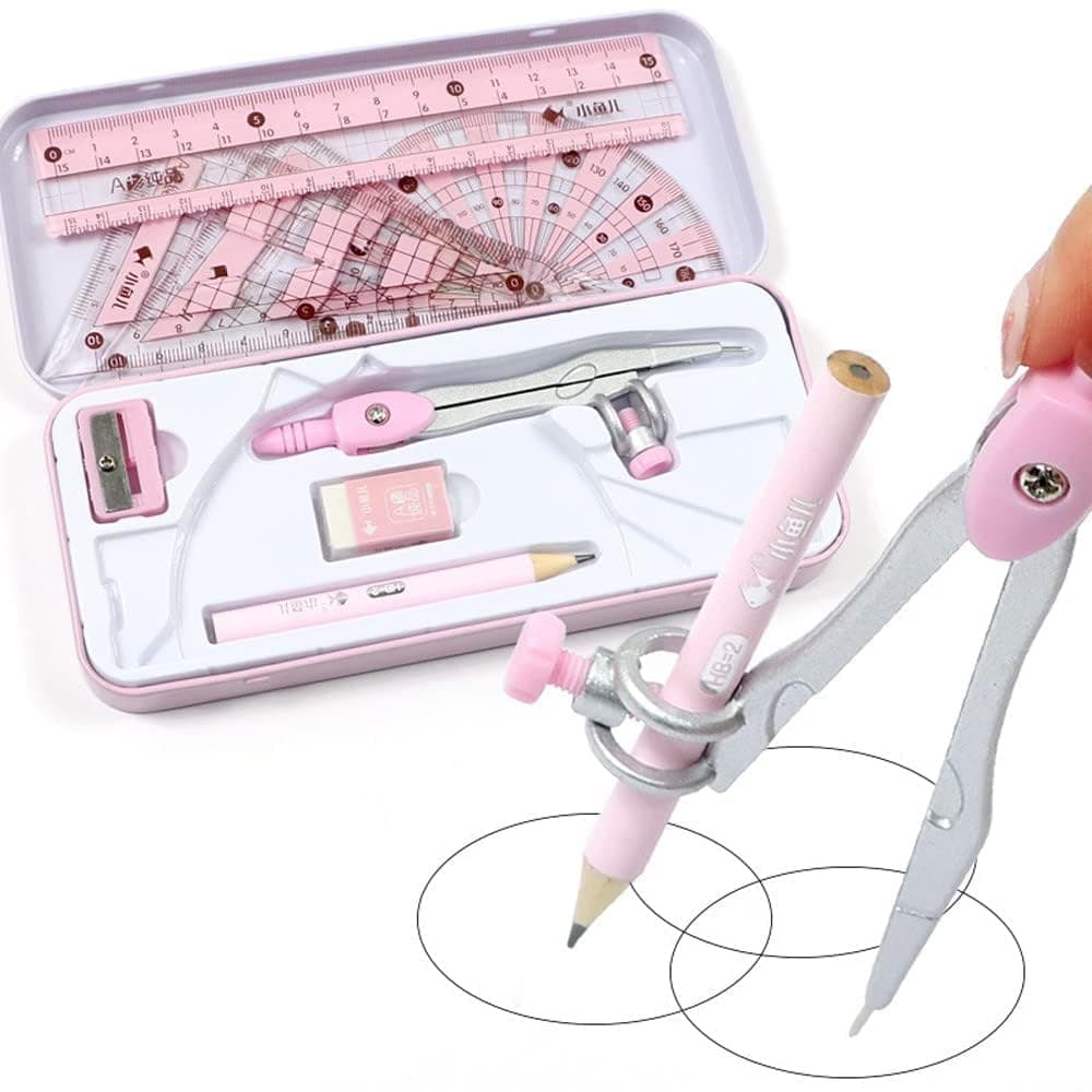 X spring Maths Set, 8 PCS Geometry Set with Shatterproof Pink Storage Box, Includes Ruler, Protractor, Compass, Pencil, Pencil Sharpener, Eraser, Perfect for Students, Teachers, School Supplies