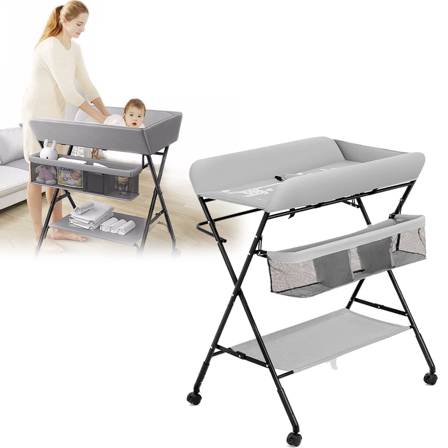 SKADE Portable Baby Changing Table with Wheels,Foldable Changing Table Dresser Changing Station for Infant,Waterproof Diaper Changing Table Pad Topper,Mobile Nursery Organizer for Newborn Essentials