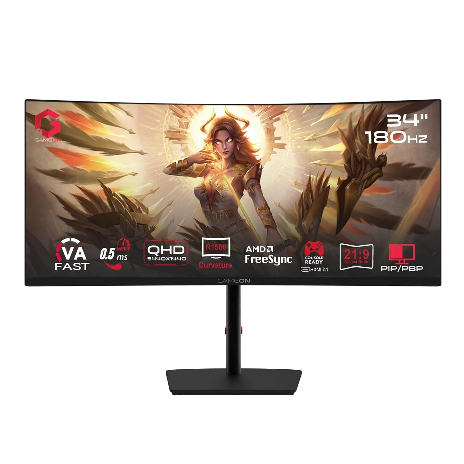 GAMEON 34-Inch Curved WQHD 2K Gaming Monitor – 180 Hz, 0.5 ms MPRT, Fast VA Panel (1500R), HDR10, HDMI 2.1, FreeSync & G‑Sync Compatible – Computer Monitor for PC & PS5 - Black