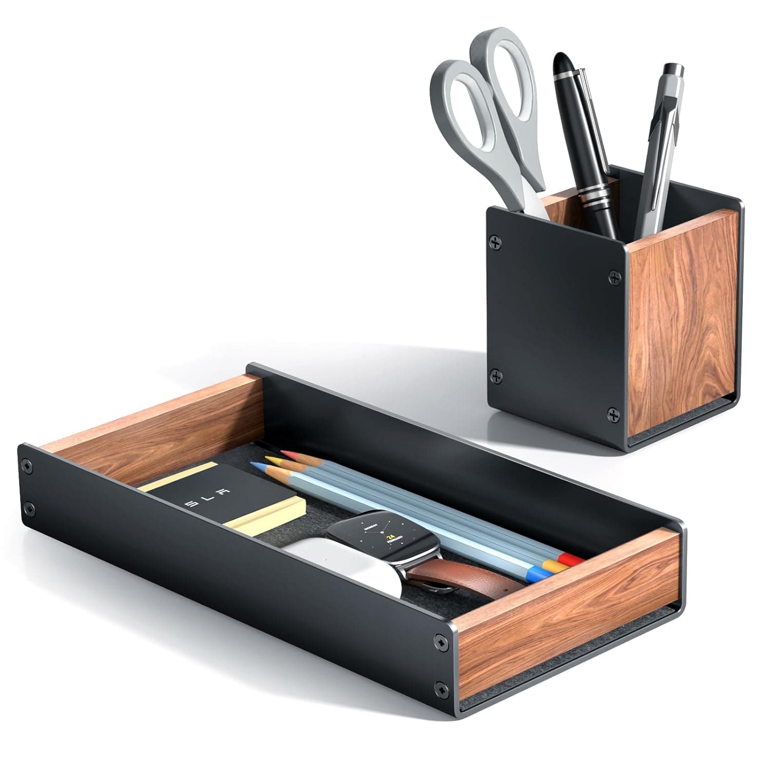 UPERGO Walnut Desk Tray with Pen Holder Set, Natural Wooden Desk Draw Organizer Office, Desk Organizer Tray for Keys, Pen, Watch