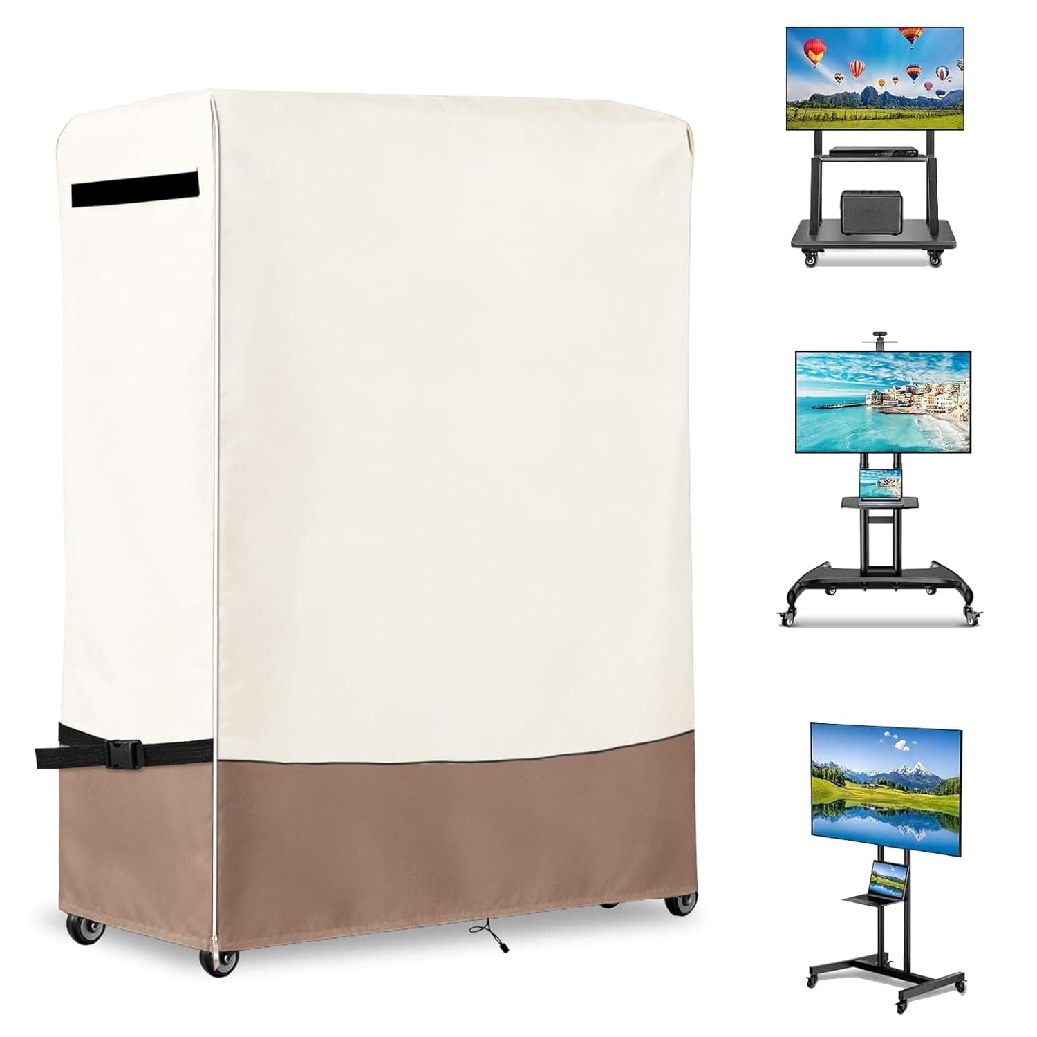 غطاء تلفزيون خارجي 53 بوصة مقاوم للطقس شديد التحمل 600D مقاوم للماء مع سحاب لتلفزيون 50-55 بوصة، اغطية واقية للتلفزيون المحمول على عجلات، 53 انش طول × 15 انش عرض × 55 انش ارتفاع، بيج