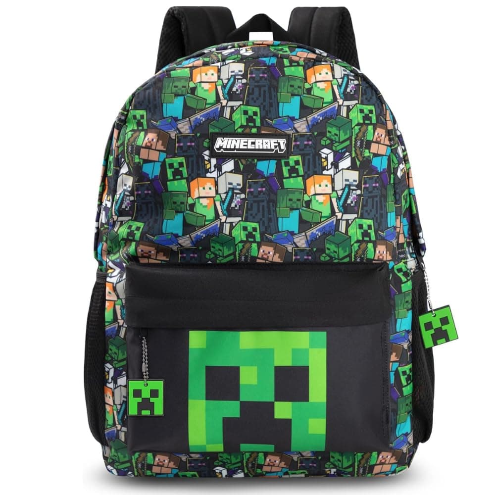Minecraft Creeper Kids Backpack Options | Zip-up Patterned Rucksack for Back to School Unisex Gaming School Bag Merchandise