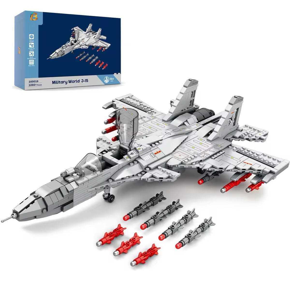 Battle Jet Construction Kit, J-15 Model Aeroplane Construction Kit for Adults, with Opening Cockpit and Detailed Rockets, Flying Shark Block Toy Gift for Aviation Enthusiasts