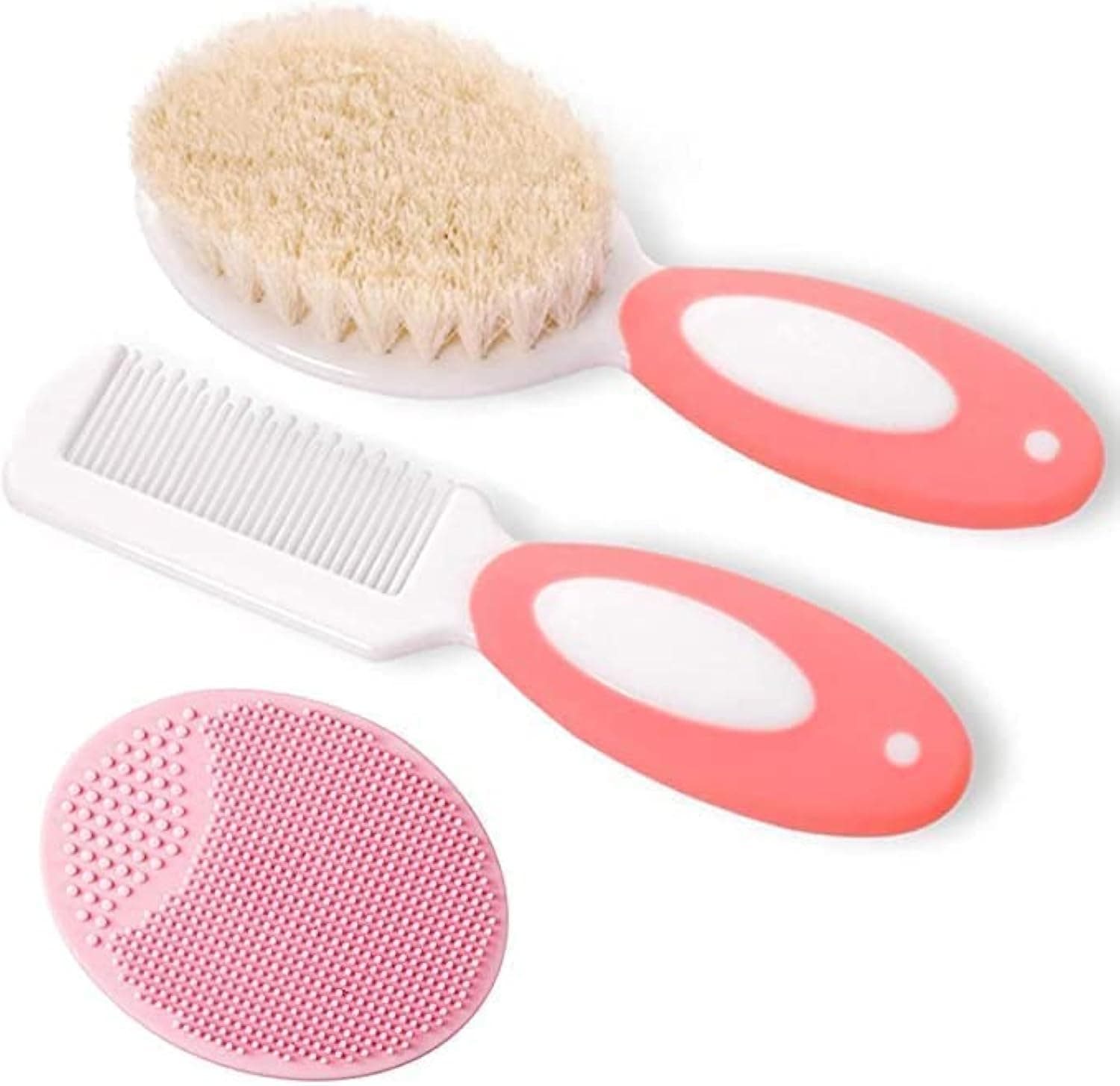 3 Pcs Baby Hair Brush,Silicone Cradle Cap Brush,Plastic Hair Comb Set for Newborn,Baby and Toddlers,Soft Bristles Baby Brush,Non-Scratch Rounded Teeth Comb,Ideal for Exfoliate & Massage (Pink)