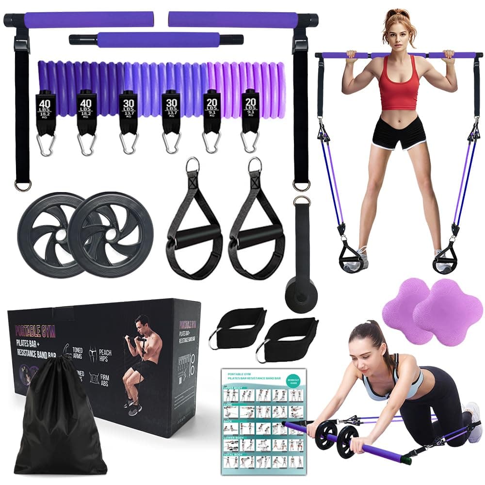 Pilates Bar Kit with 180LBS Resistance Bands(20,30,40 LB),21PCS Pilates Equipment Exercise Bar with Ab Roller, Portable Home Gym Fitness Pilates Bar for Women & Men