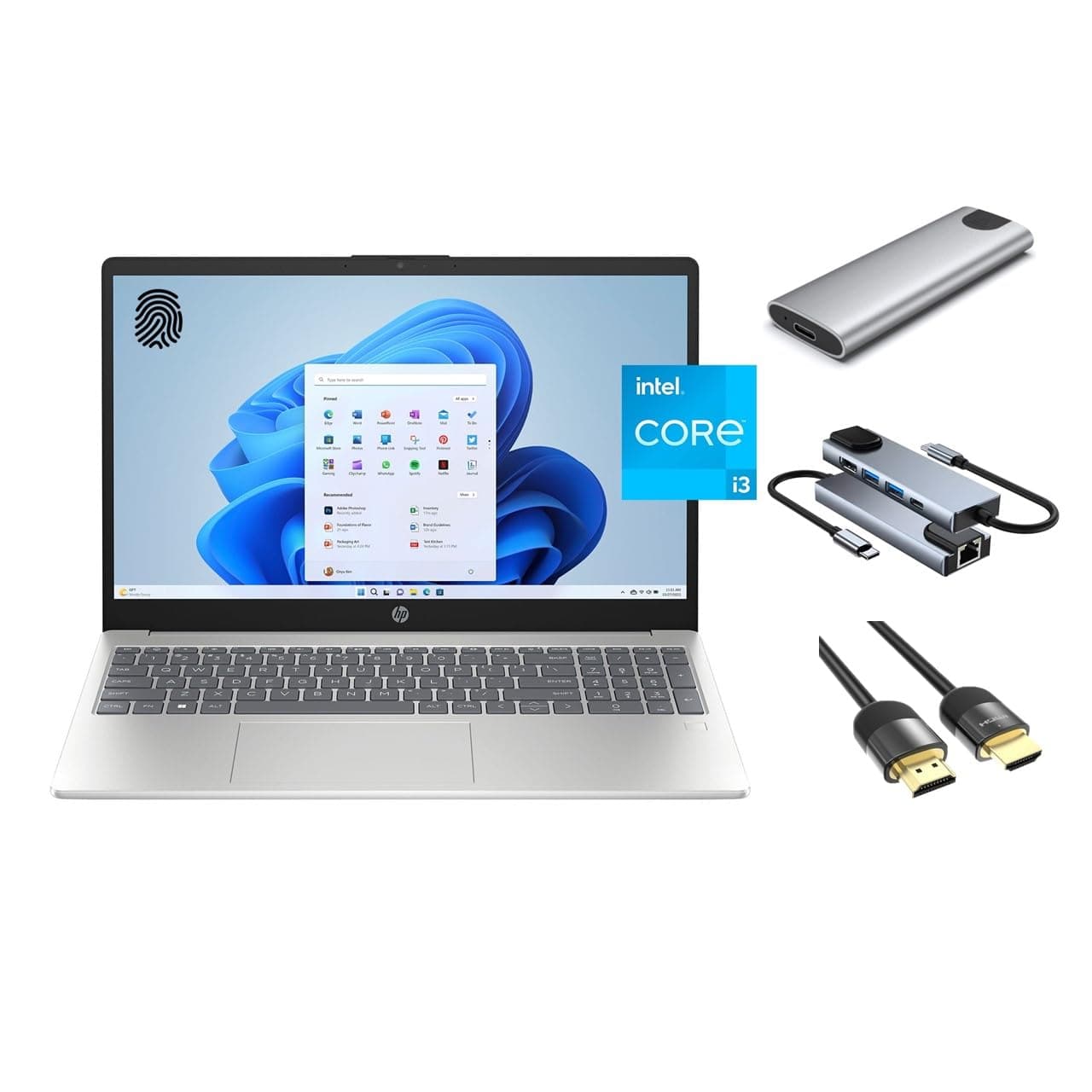 HP Daily Essential Laptop, 15.6" FHD, 8-Core Intel i3-N305 (Beats i5-1135G7), 8GB RAM, 256GB SSD + 256GB Portable SSD, FP Reader, Webcam, KeyPad, WiFi 6, 3-in-1 External Storage Bundle, Win 11