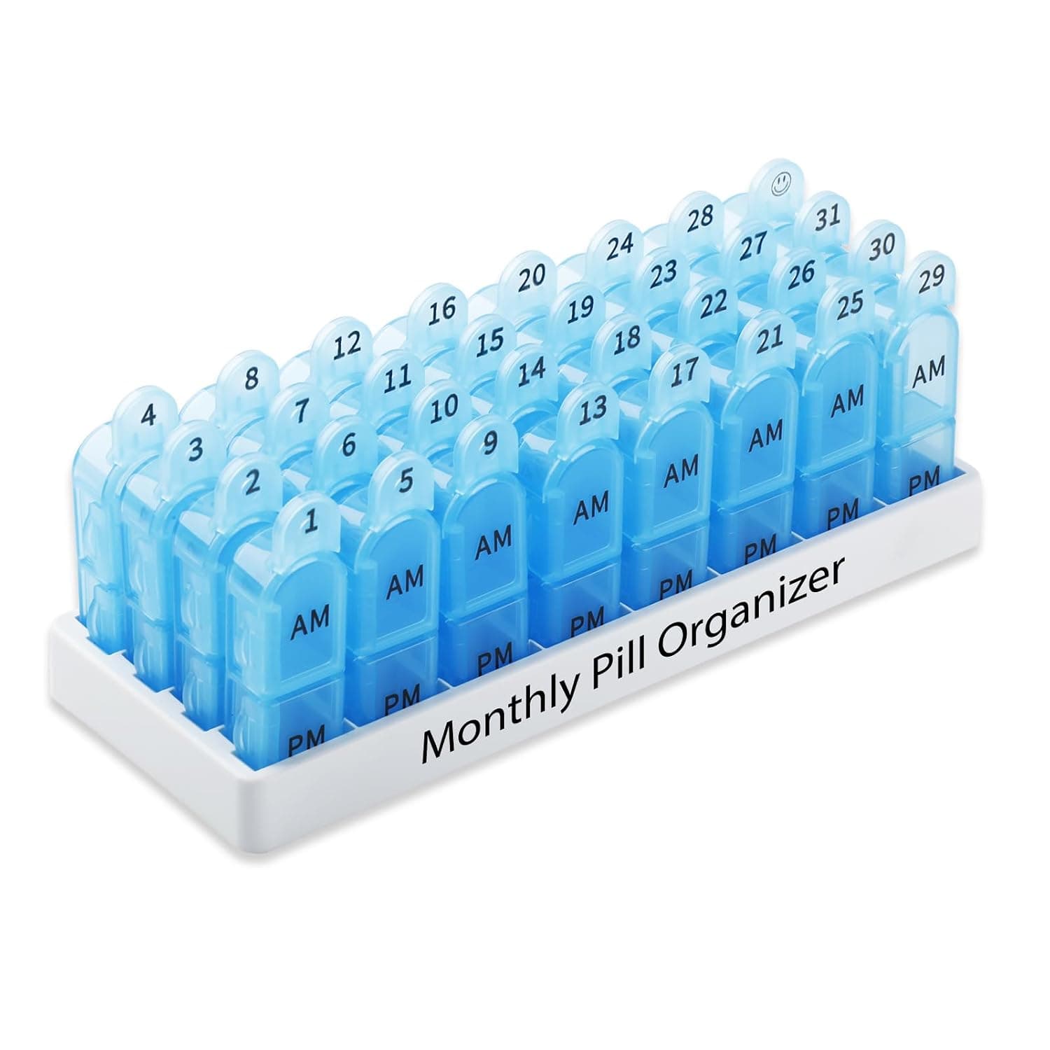 Daviky Monthly Pill Organizer 2 Times a Day, 30 Day Pill Box AM PM with Separate Container, One Month Medicine Case Twice a Day to Hold Vitamins, Supplements and Medication (Blue)