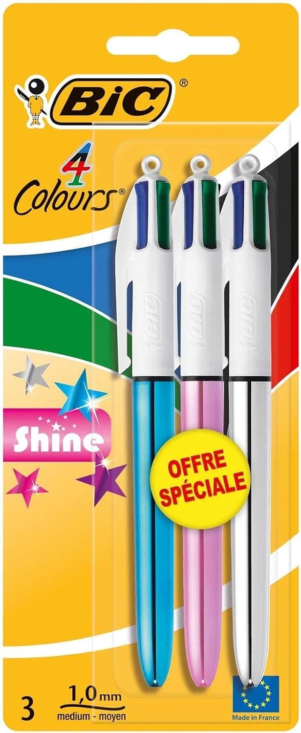 BIC Shine Retractable Ballpoint Pen Blister Pack of 3 Assorted Colours