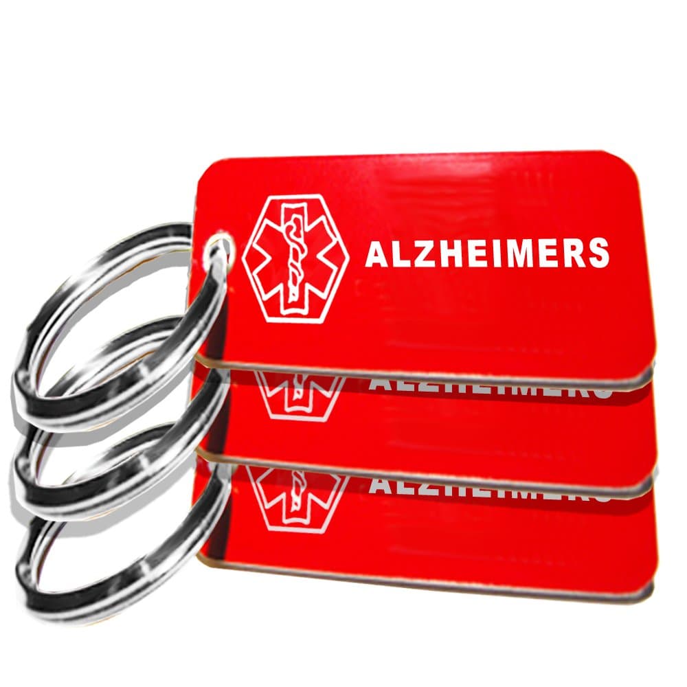3 Pre-Engraved Alzheimer’s Plastic Medical Alert ID Keychains, Small 2.25 x .79 Inch