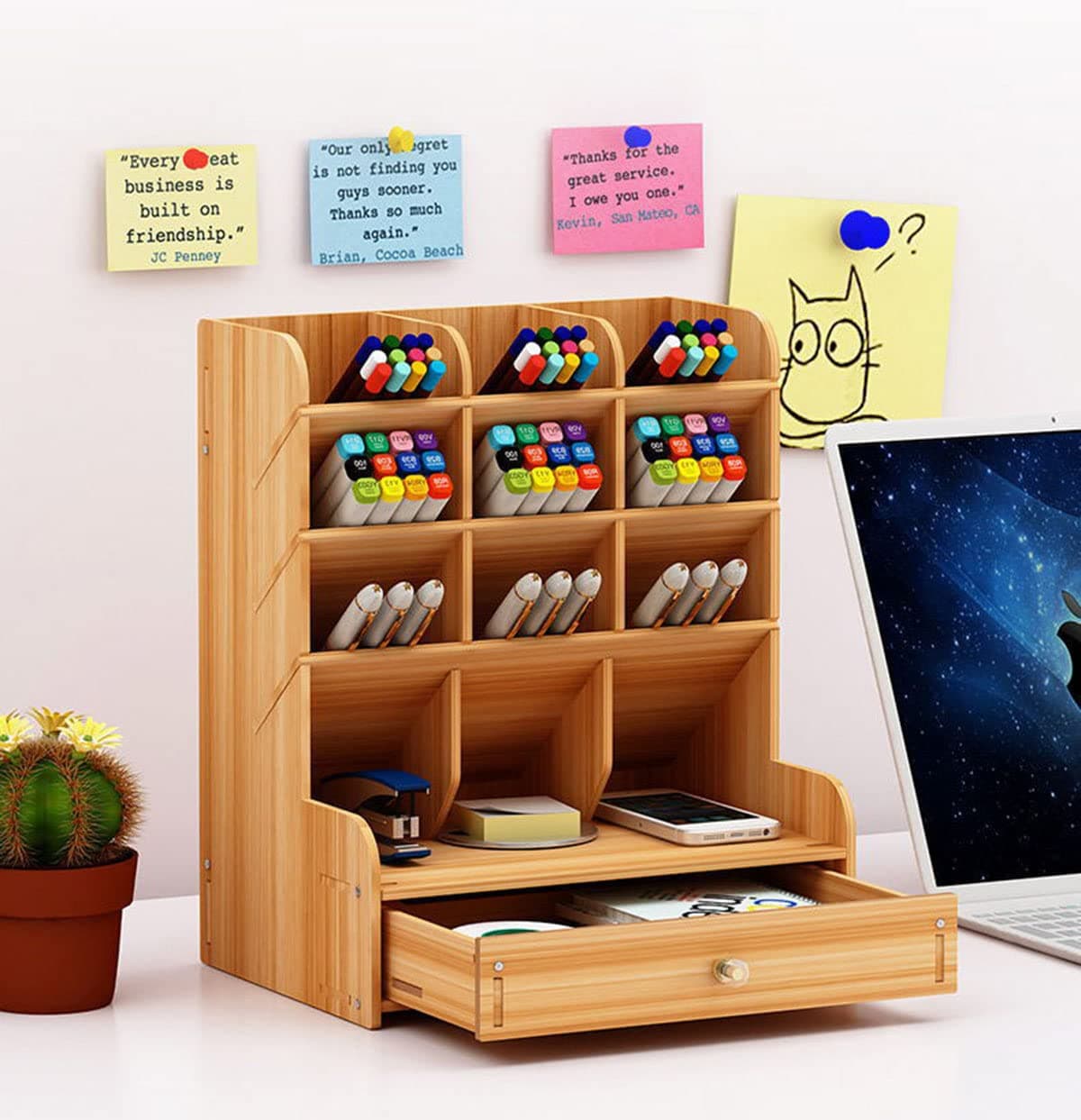 U HOOME Wooden Pen Organizer Desk Organizer Pencil Holder for Office,Multi-Functional DIY Pencil Organizer, Desktop Stationary Art Supplies Storage with 12 Compartments and Drawer,Easy Assembly