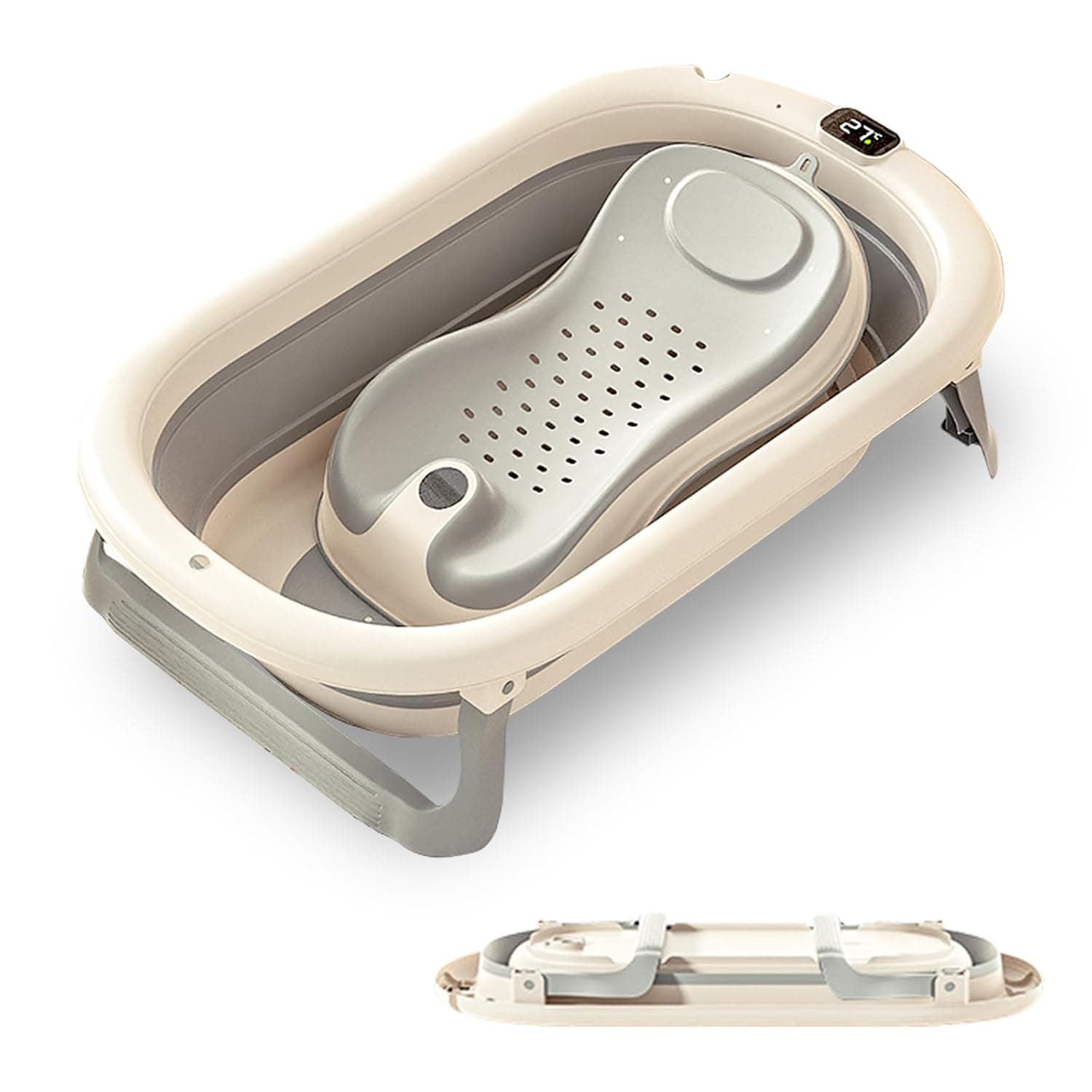 Foldable Baby Bath Tub with Seat - Portable Infant Bathtub, Drain Hole & Thermometer, Anti-Tip Legs, Non-Slip Shower Basin for 0-8 Years Boy Girl