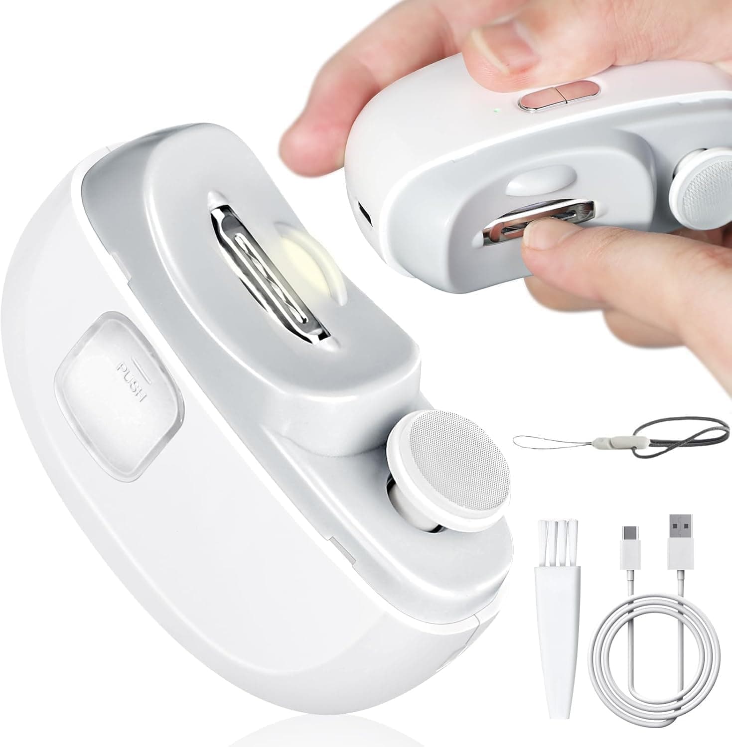 Electric Baby Nail Clippers,2-in-1 Emeralune Electric Polishing Automatic Nail Clippers Pro with Light Trimmer Nail Cutter Manicure for Baby Elderly Care Tool,Elecctric Nail Trimmer With Lanyard-White