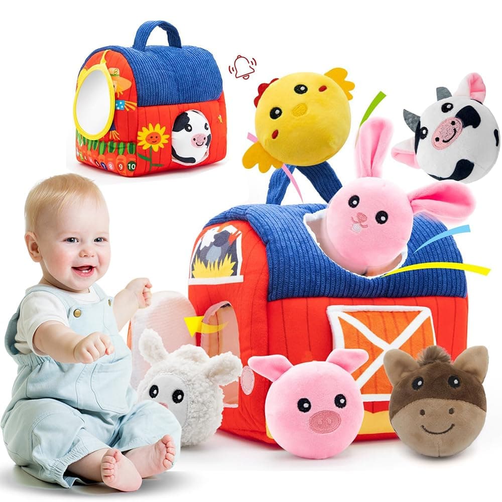 BOOM Baby Toys 6-12 Months,Soft Barn Toys with Stuffed Farm Animals,Rattle,Crinkle Paper, Squeaker, Mirror,Montessori Sensory Toy for Toddlers 1-3,Newborn Toy for Baby Boys Girls Birthday Gifts
