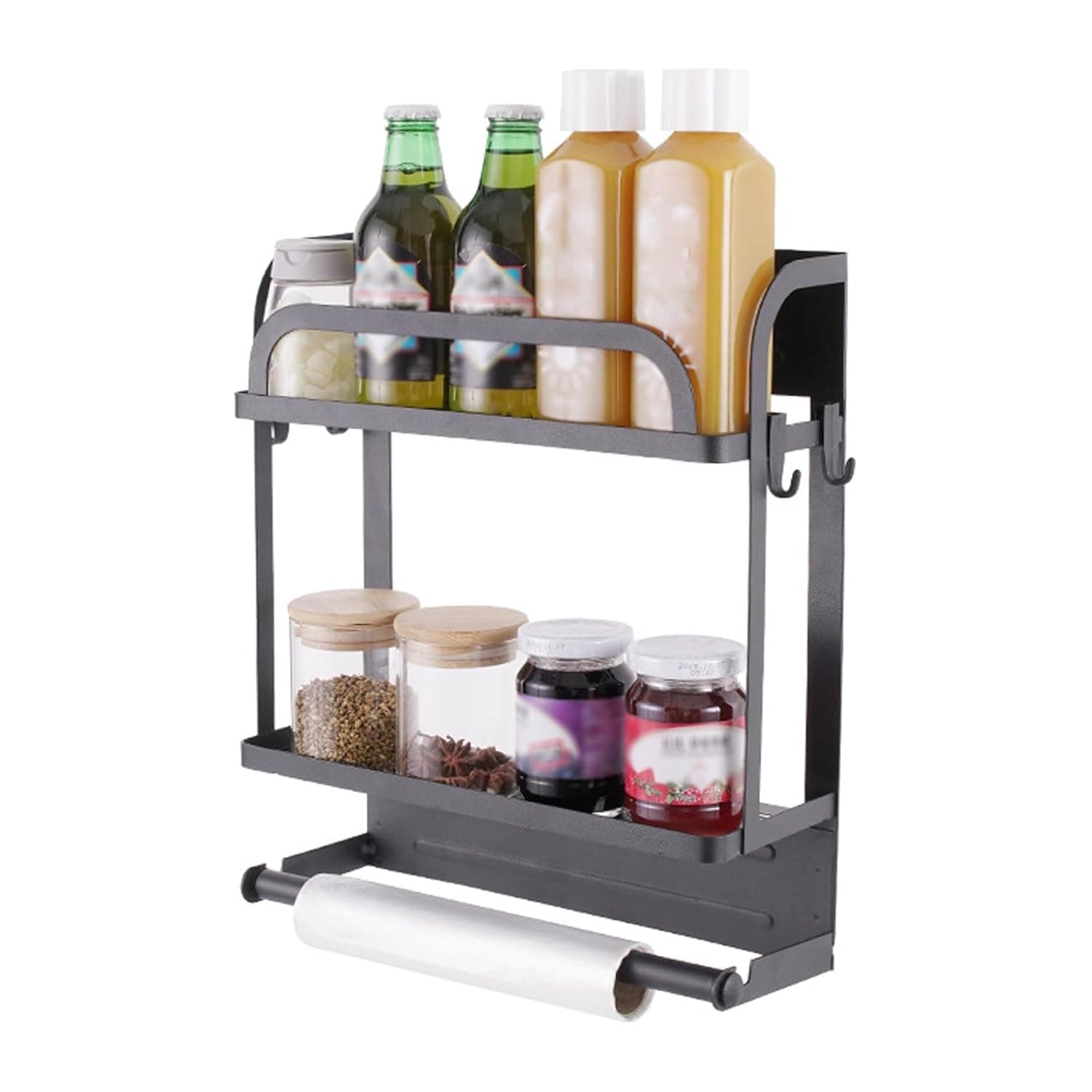 رف مطبخ مغناطيسي للثلاجة، منظم رف توابل مزدوج الطبقات مع خطافات، رف تخزين الثلاجة للعلب والزجاجات وبرطمانات التوابل، سهل التركيب والازالة