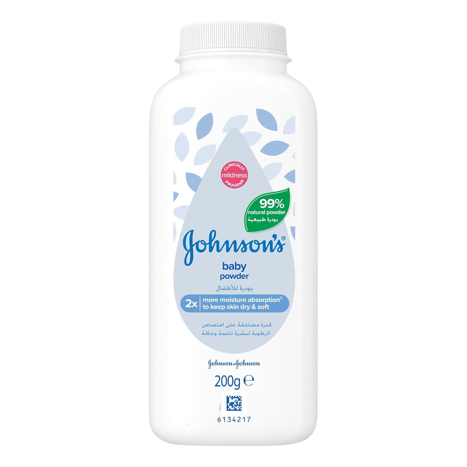 Johnson's Baby Powder, Cornstarch Formulation, 99% Plant-Based Powder, Talc-free, Absorbs Moisture & Protects Skin, Classic Baby Fragrance, Dermatologist Tested, 200g