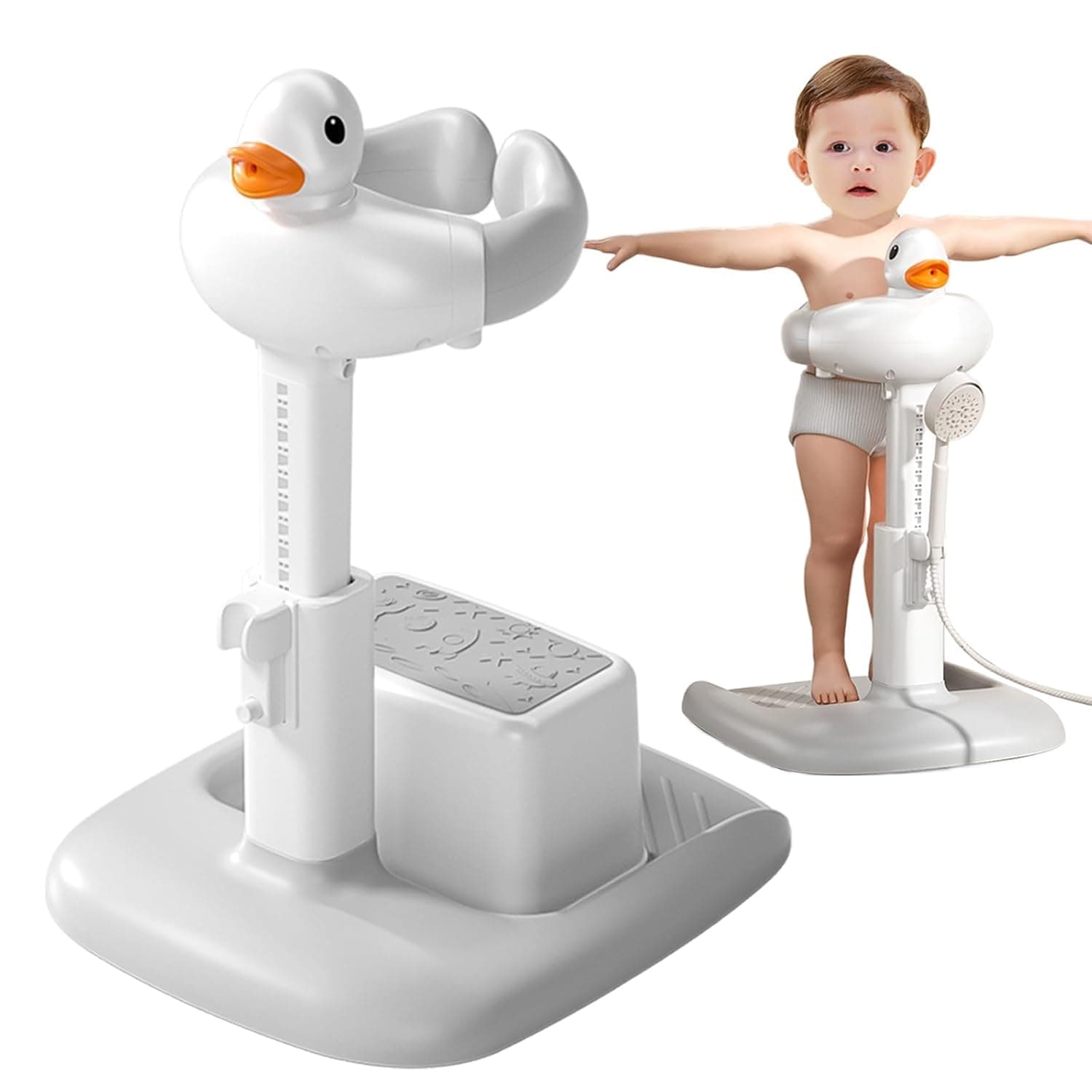 Baby Shower Stand with Support Stool, Emeralune Baby Bath Adjustable Toddler Shower Stand Shower Standing Support and Anti-Slip, Anti-Dumping, Easy to Clean, Ideal Gift for Infants 6-36 Months