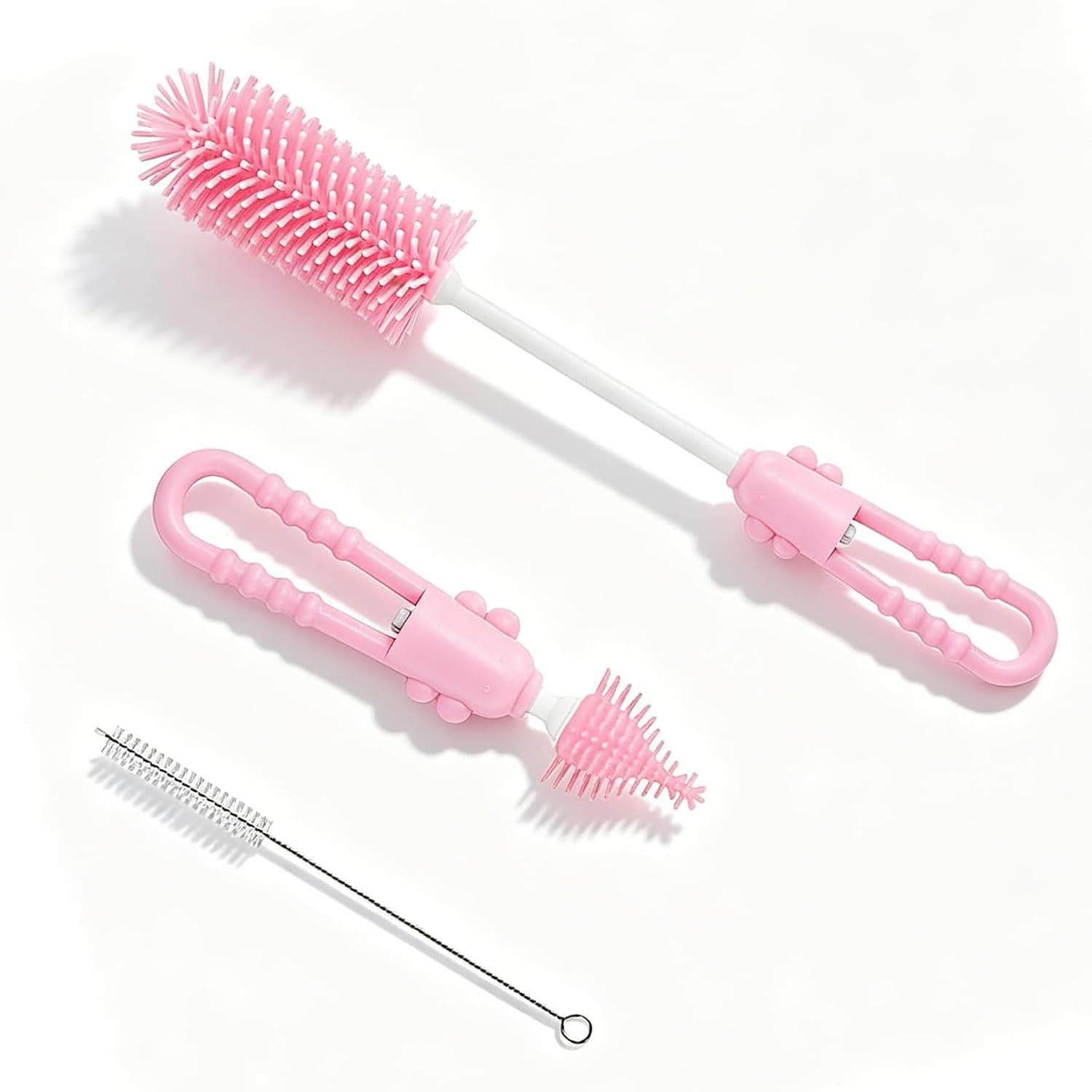 3 Piece Pink Silicone Bottle Brush Set, Multipurpose Cleaning Brushes for Bottles, Cups, Vases and Glassware