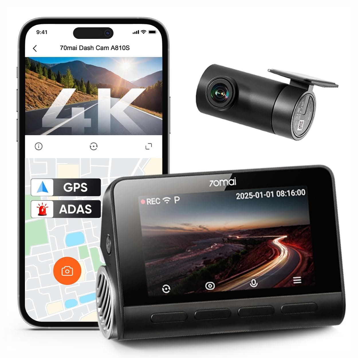 70mai A810S-2 Dash Cam 4K Front and 1080P Rear, STARVIS 2 Sensor, HDR Night Vision, Supercapacitor, ADAS & GPS, Loop Recording, G-Sensor, Optional 24H Parking Mode