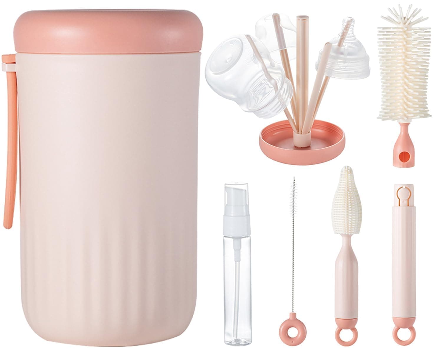 YelaJoy Travel Bottle Cleaner Kit, Silicone Foldable Baby Bottle Drying Rack, Baby Bottle & Accessory Brush Set, Essential Cleaning Set for Outdoor Travel, Pink