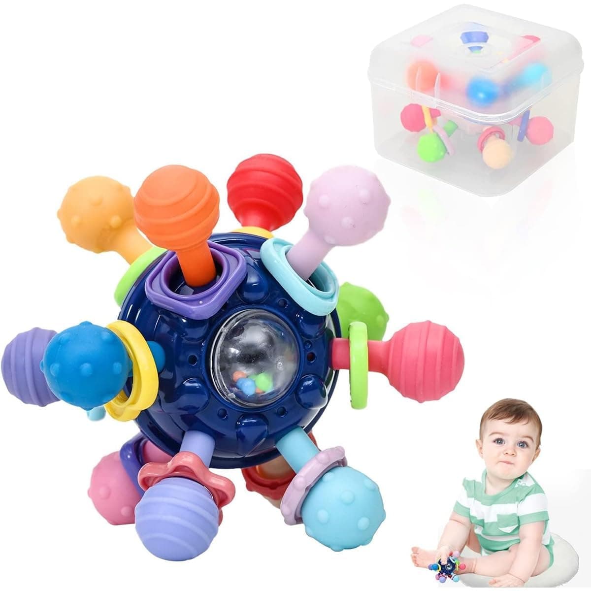 Paporich Teething Ball Toy, Baby Sensory Teether Newborn Chew Toys, Baby Teething Toy with Storage Box, Rattle Sensory Infant Toys, Gift for Babies 0-12 Months (Blue)