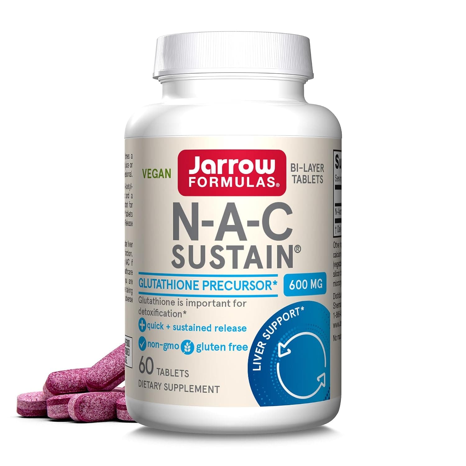 Jarrow Formulas® N-A-C Sustain® 600 mg, Dietary Supplement, Amino Acid Support for Liver Health and Antioxidants, 60 Tablets, 60 Day Supply