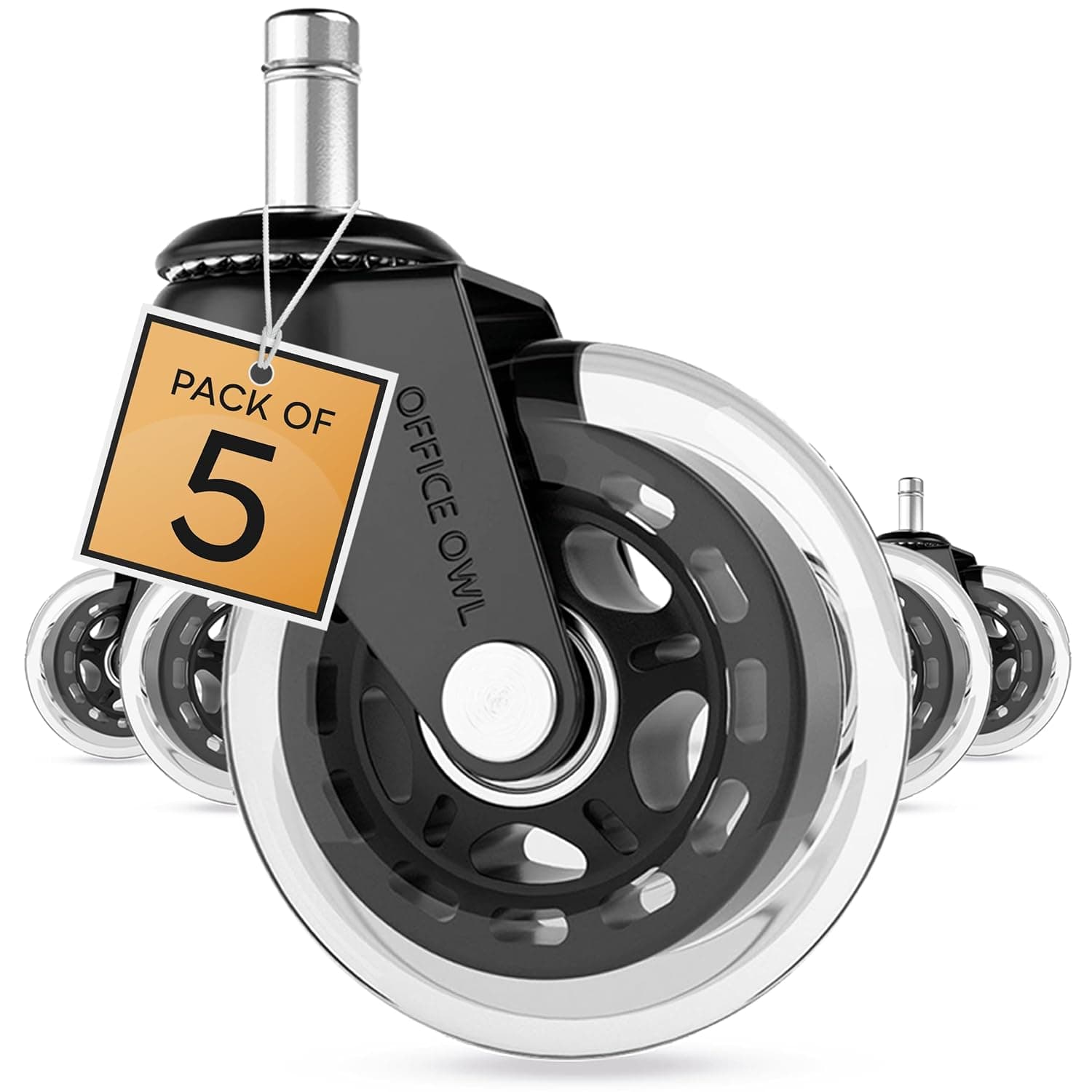 Rollerblade Office Chair Wheels, Set of 5 Replacement Casters for Desk and Gaming Chairs, Safe for Hardwood Floors, Tile, Laminate & Carpet, Support Up to 650 LBS, Easy Install, Universal Fit, Clear | 650 lb Capacity Heavy Duty Rollerblade Style Quiet Rubber Wheels for Hardwood Floors, Tile, Laminate & Carpet, Easy Install