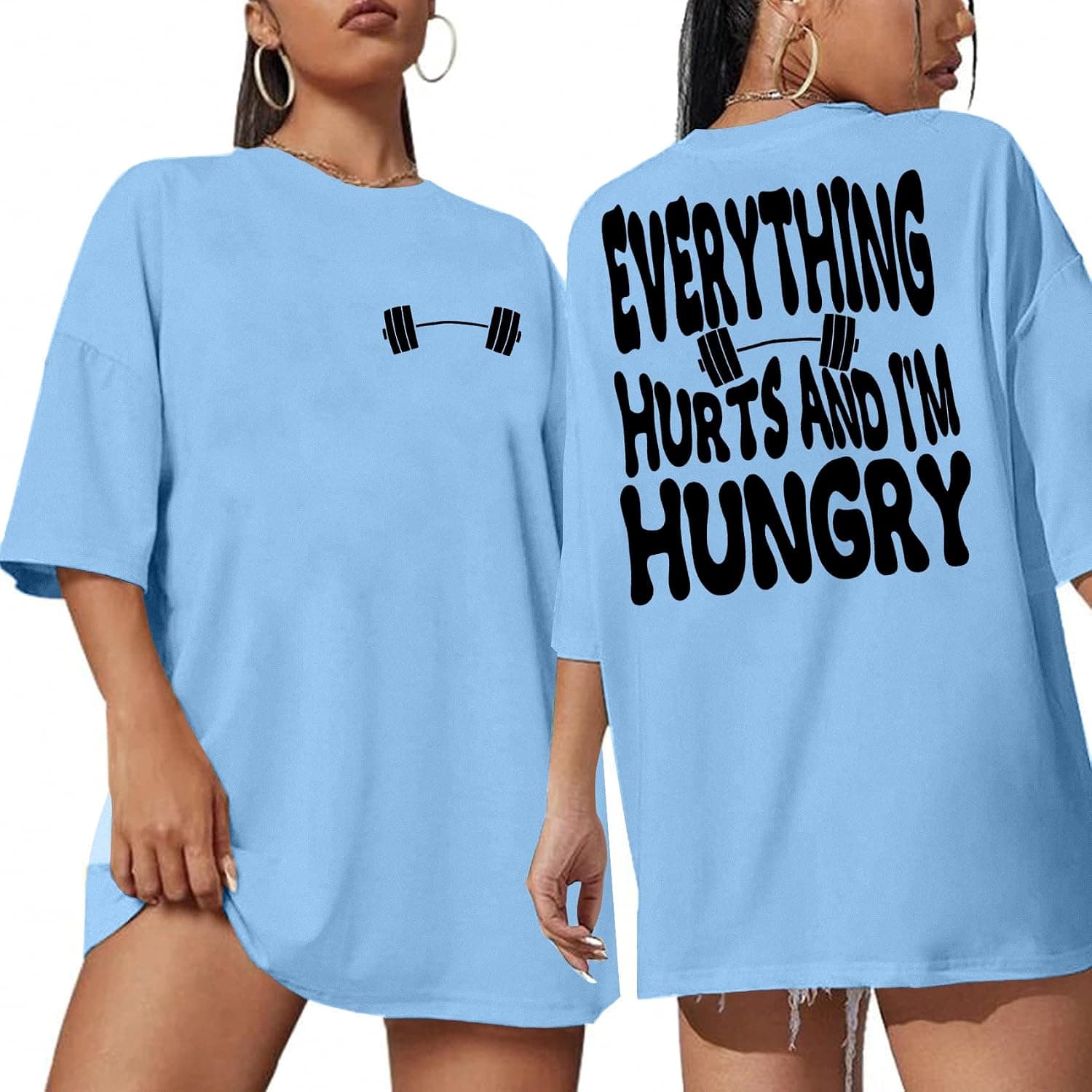 Funny Workout Shirts Women Oversized Gym Weightlifting Graphic Tshirt Everything Hurts and I'm Hungry Tee Tops