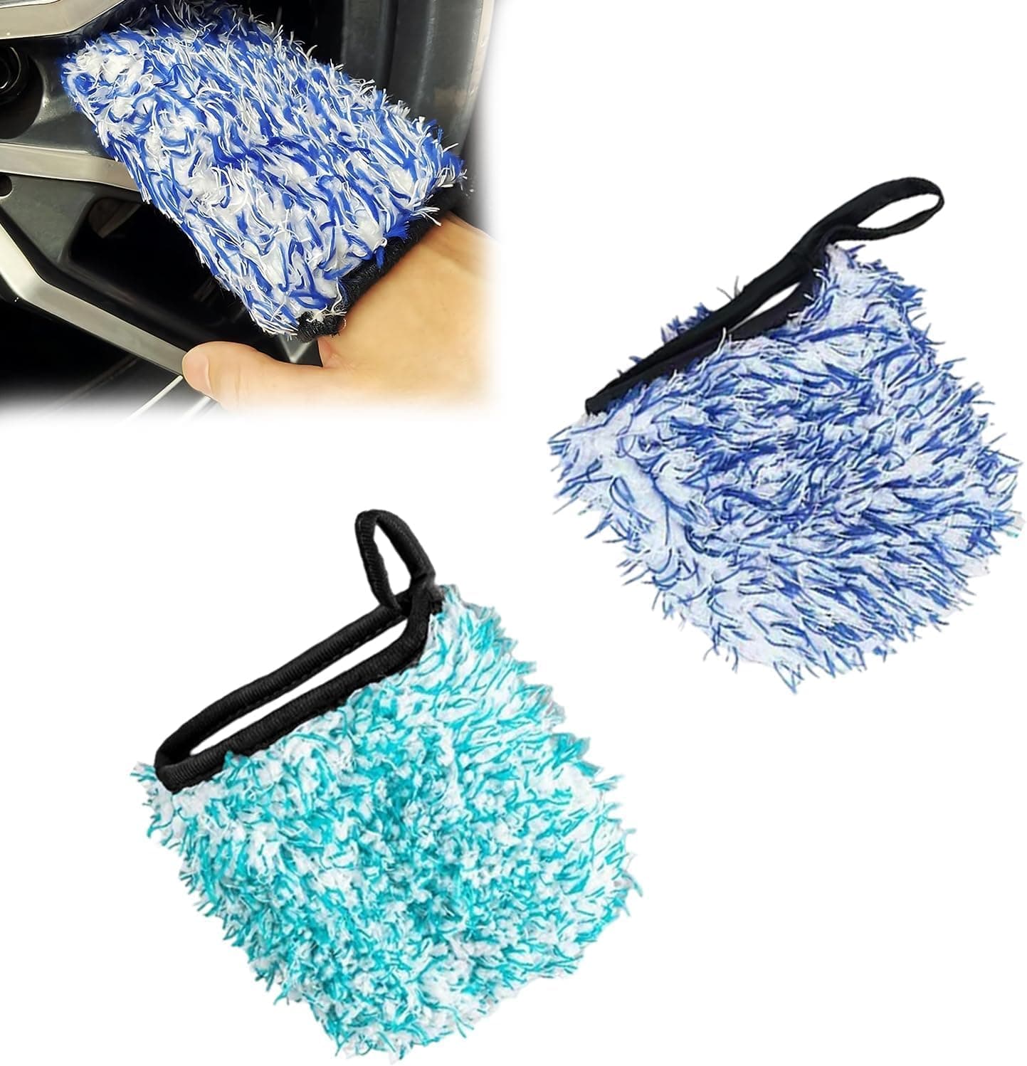 2 Pcs Car Wash Mitts, Plush Wheel Cleaning Gloves, Scratch-Resistant Automotive Detailing Mitt for Daily Car Maintenance, Safe Washing, Polishing, and Wheel Care (Green/Blue)